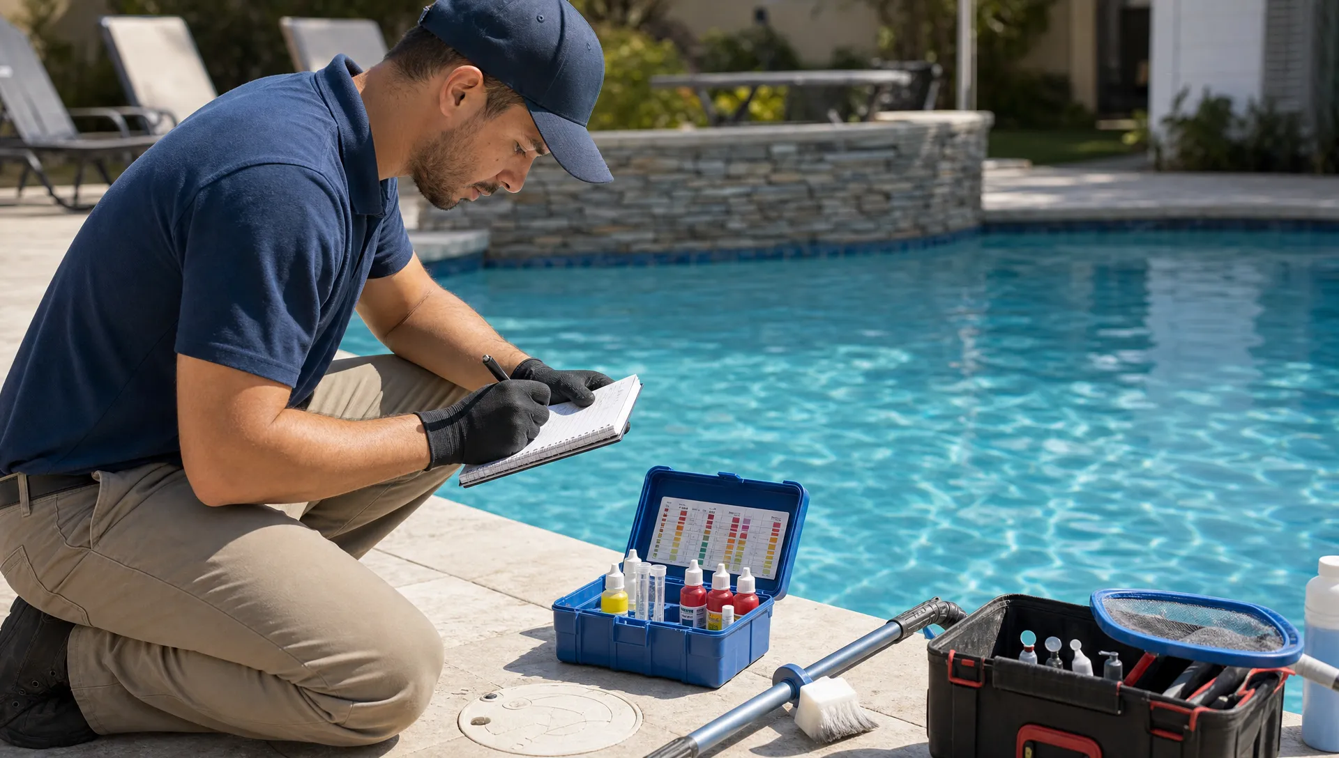 A pool service technician logs water-quality readings at the edge of a residential pool, with a test kit, notebook, and service tools laid out on the deck nearby.