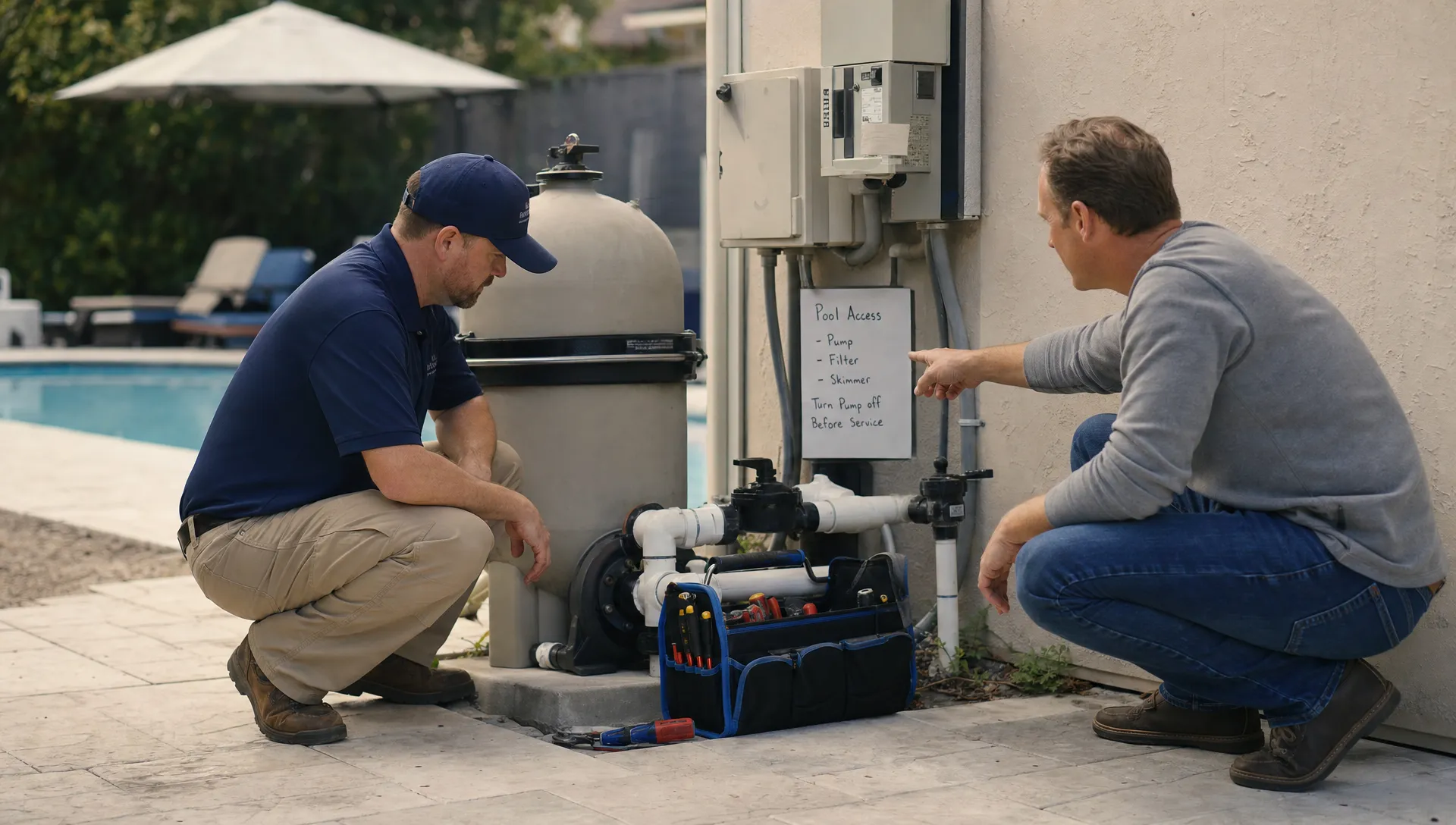 A pool service technician stands near a backyard pool equipment pad reviewing the pump and filter while a homeowner points toward the access notes and equipment area, with service tools nearby and a clean residential patio setting.