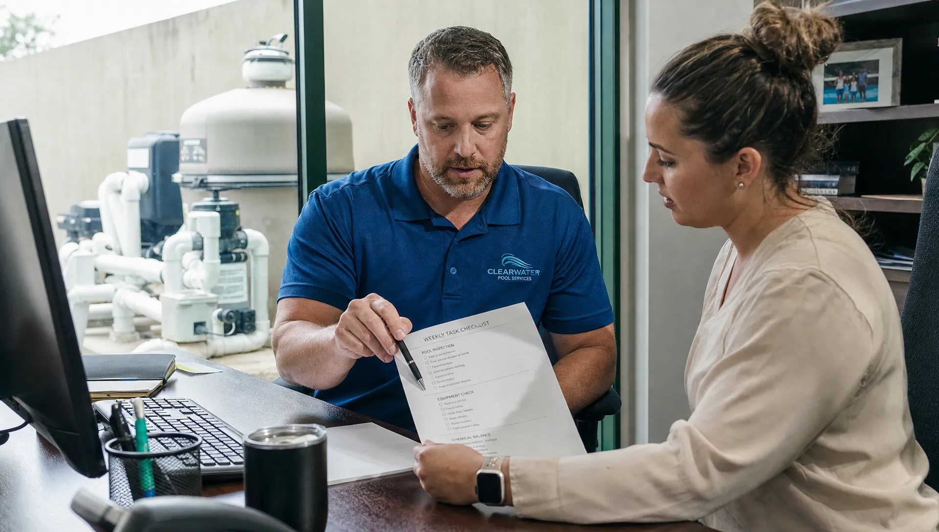 A pool contractor reviews a printed task checklist with an office administrator while outsourcing CRM work, with the pool equipment area visible through the office window.