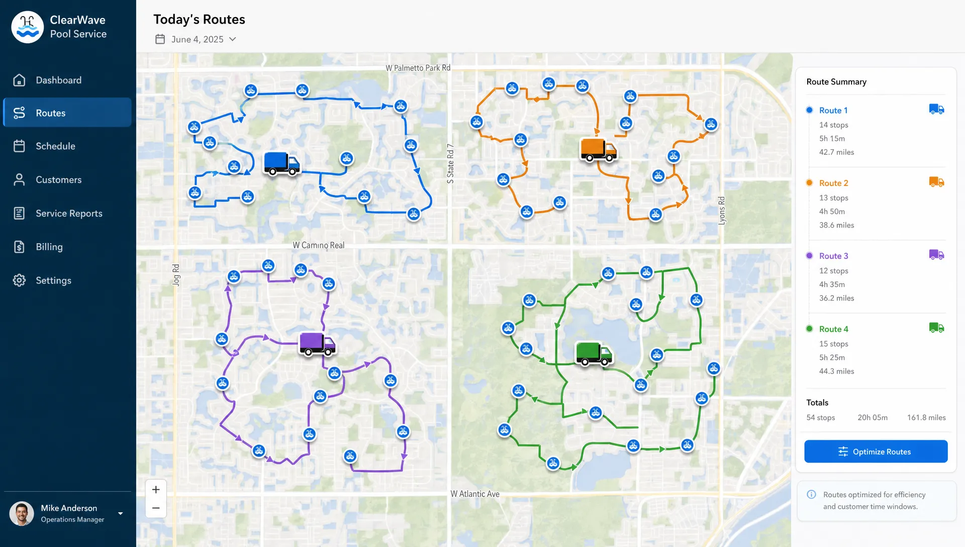 A pool service route map with clustered backyard pools, service truck icons, and short travel paths between nearby neighborhoods, showing efficient scheduling and route density.