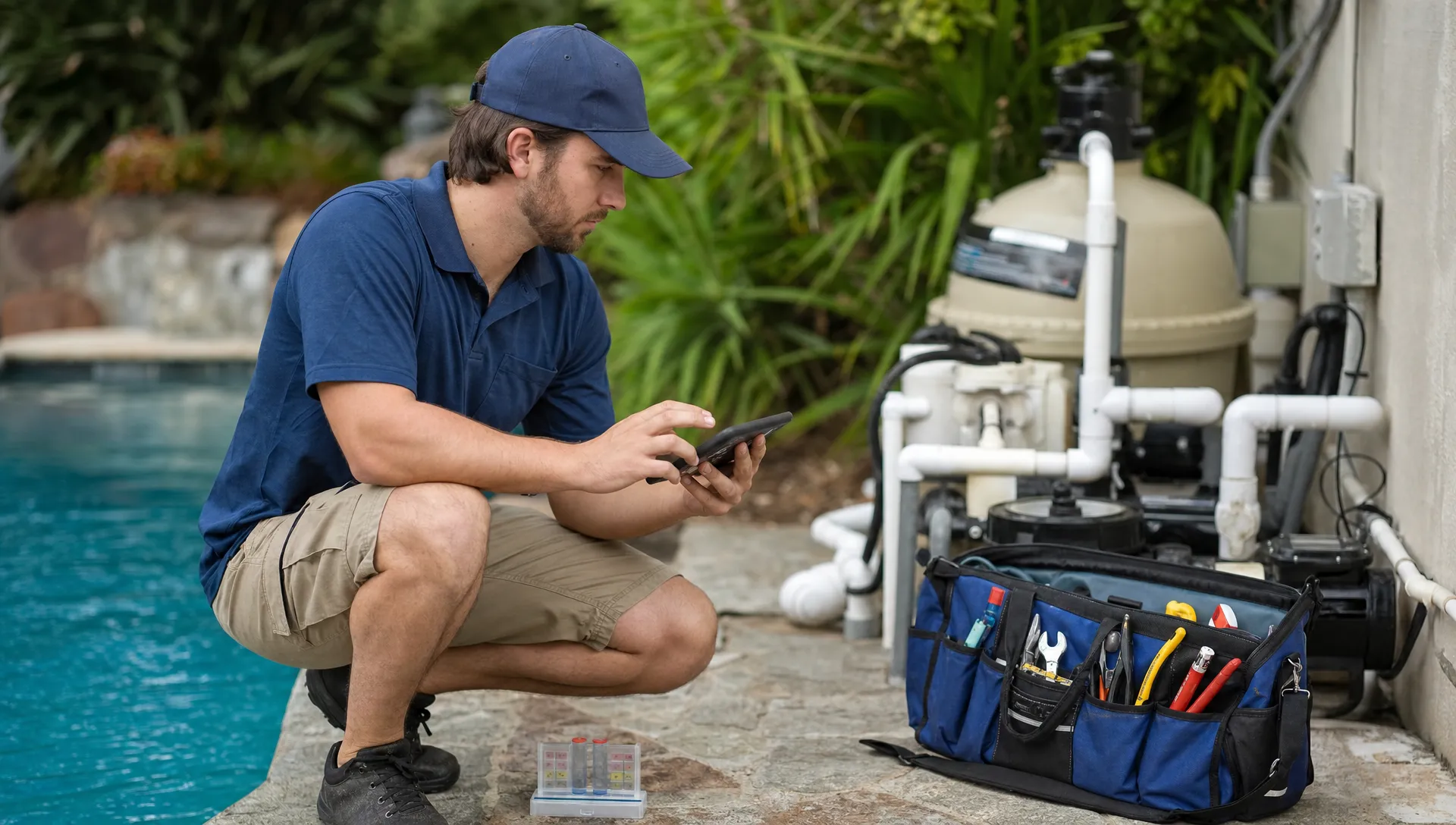 A pool service technician records water test results on a mobile device beside the pool while the pump area and tool kit sit nearby.