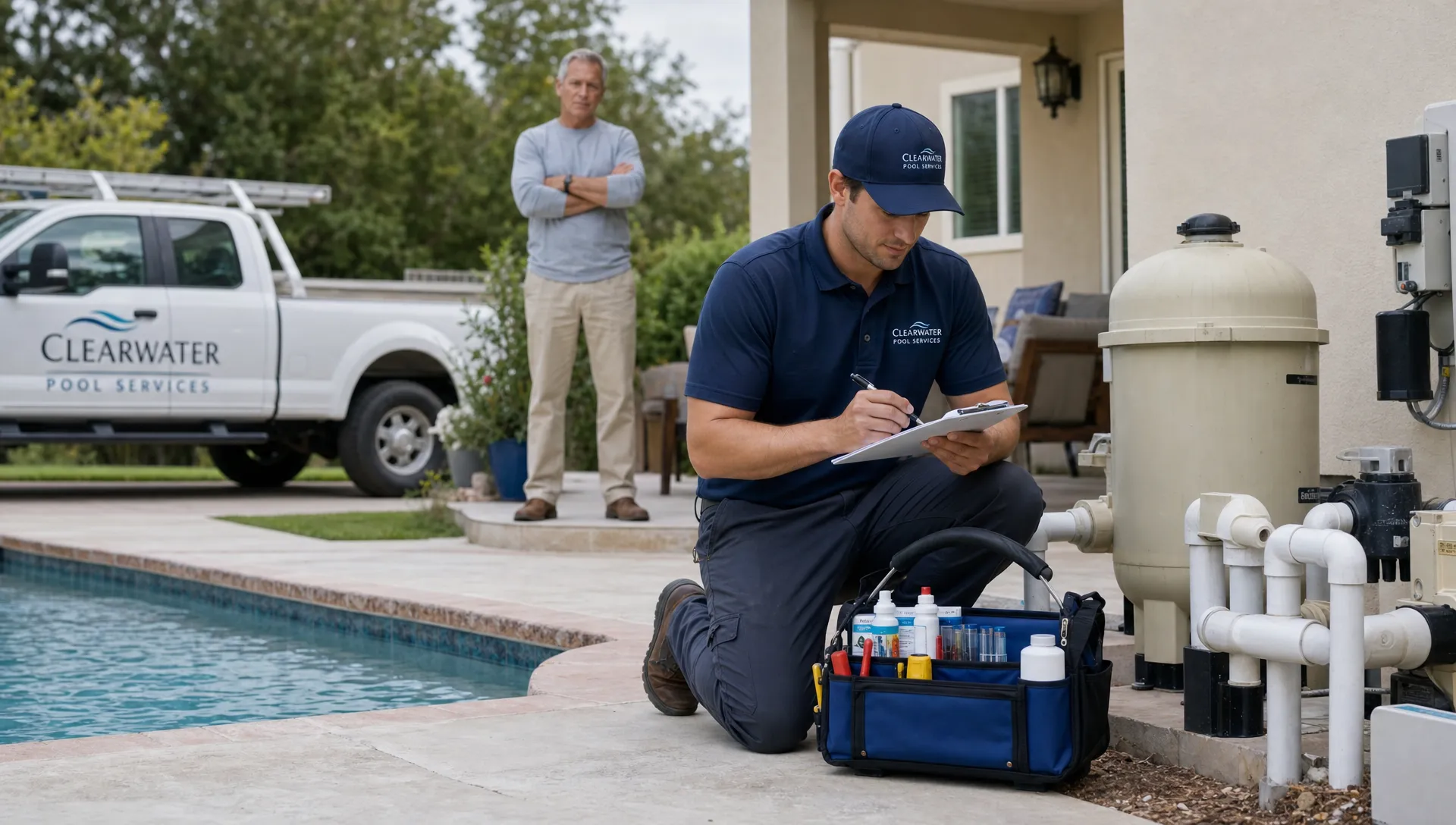 A pool service technician records water test results beside the pool equipment pad while a homeowner stands near the patio, with organized service tools and a truck visible in the driveway.
