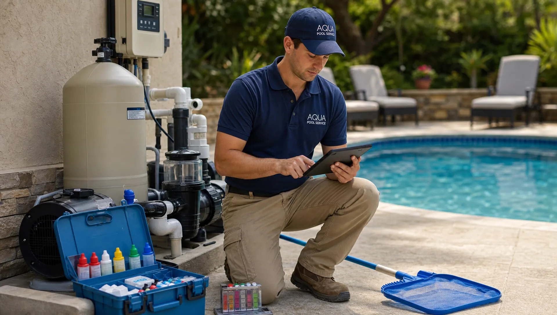 A pool service technician updates a customer record on a mobile device beside an equipment pad, with water testing supplies and pool tools organized on the deck and the pool visible in the background.