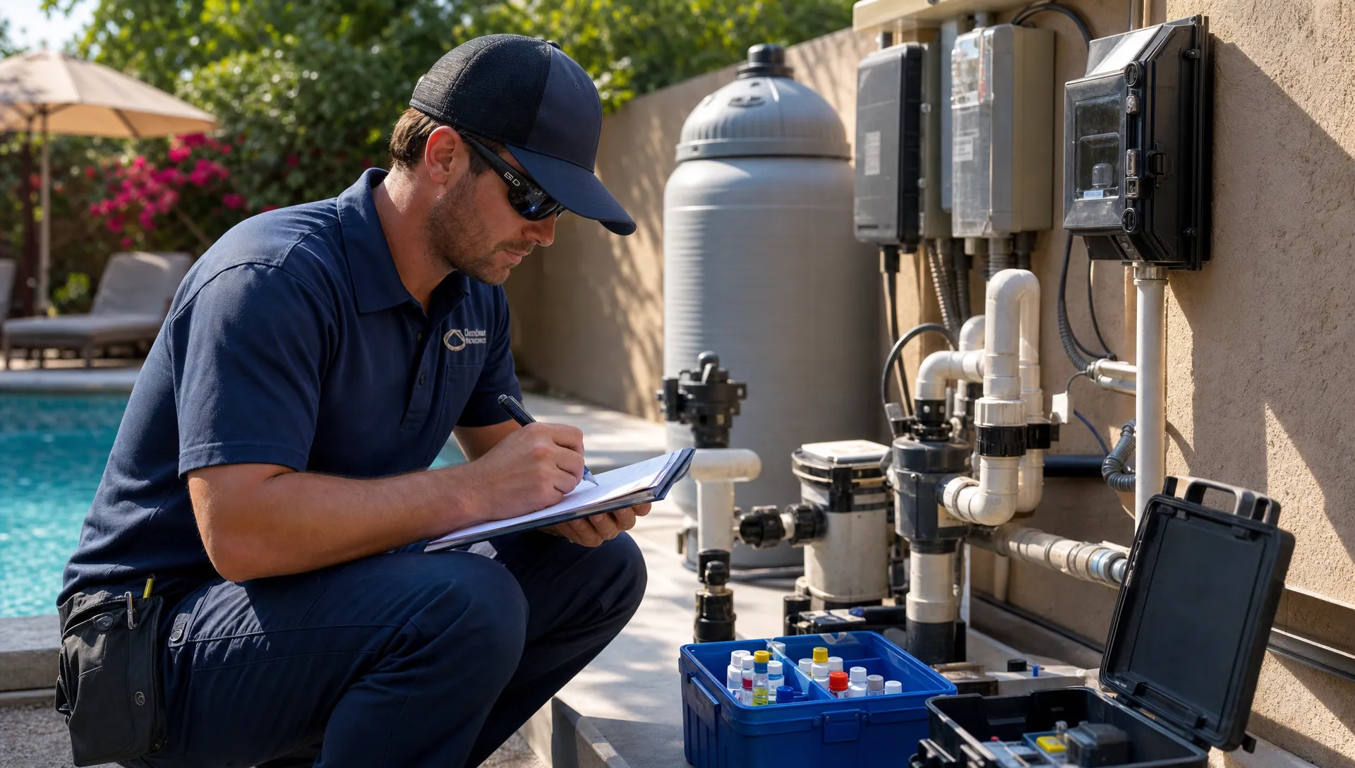 A pool service technician reviews service notes beside a backyard equipment pad with test supplies and a residential pool nearby.