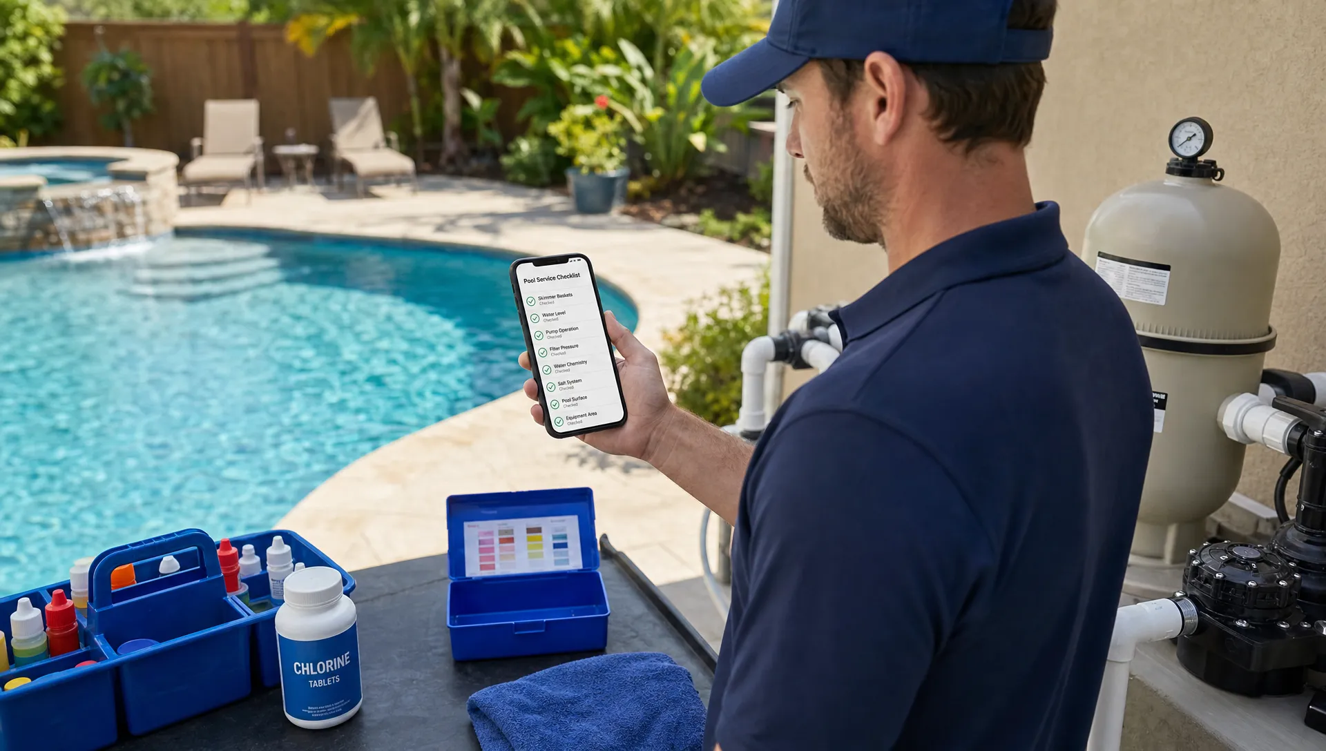 A pool service technician standing beside a backyard pool uses a smartphone with its screen facing the technician and showing a simple high contrast checklist, with water testing supplies and pool equipment organized nearby.