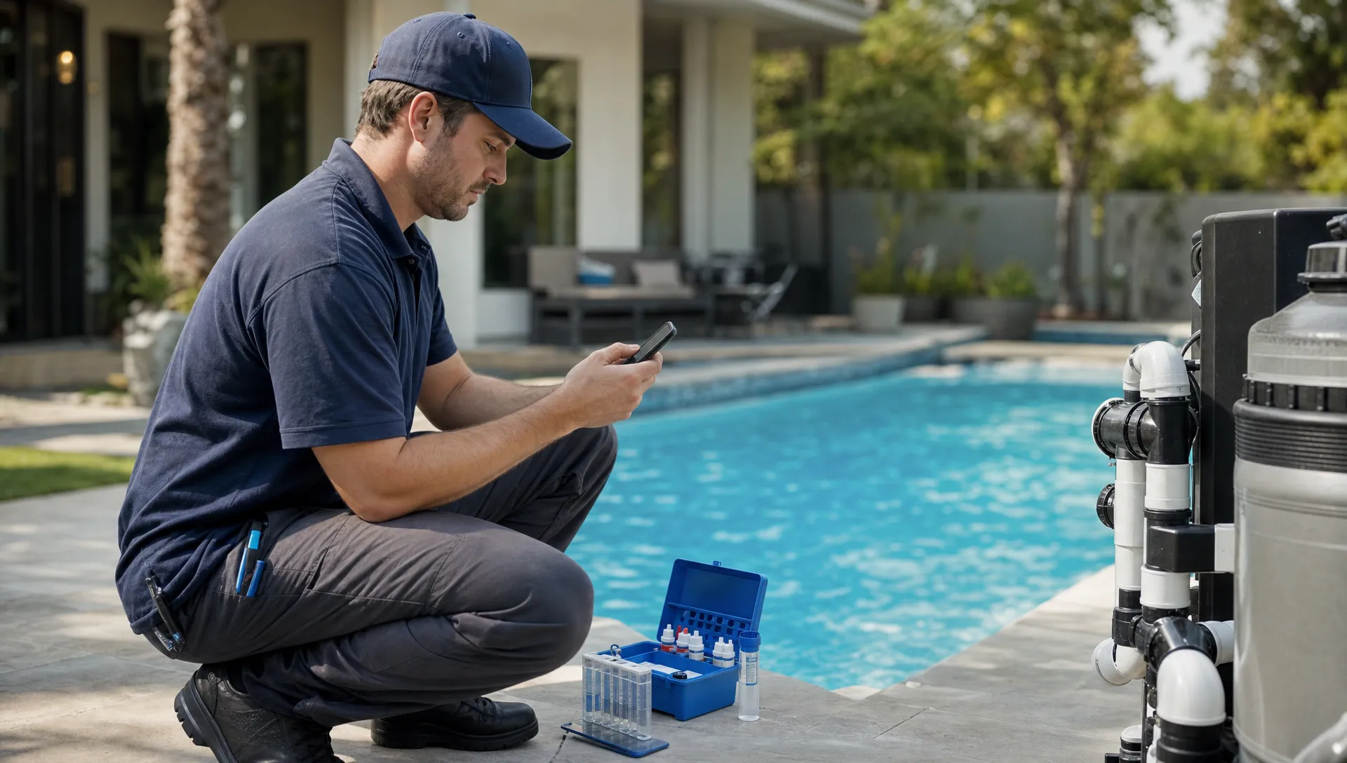 A pool service technician records water-quality results on a mobile device beside a clean backyard pool, with testing supplies and pool equipment nearby. The phone screen faces the technician and no readable screen content is shown.