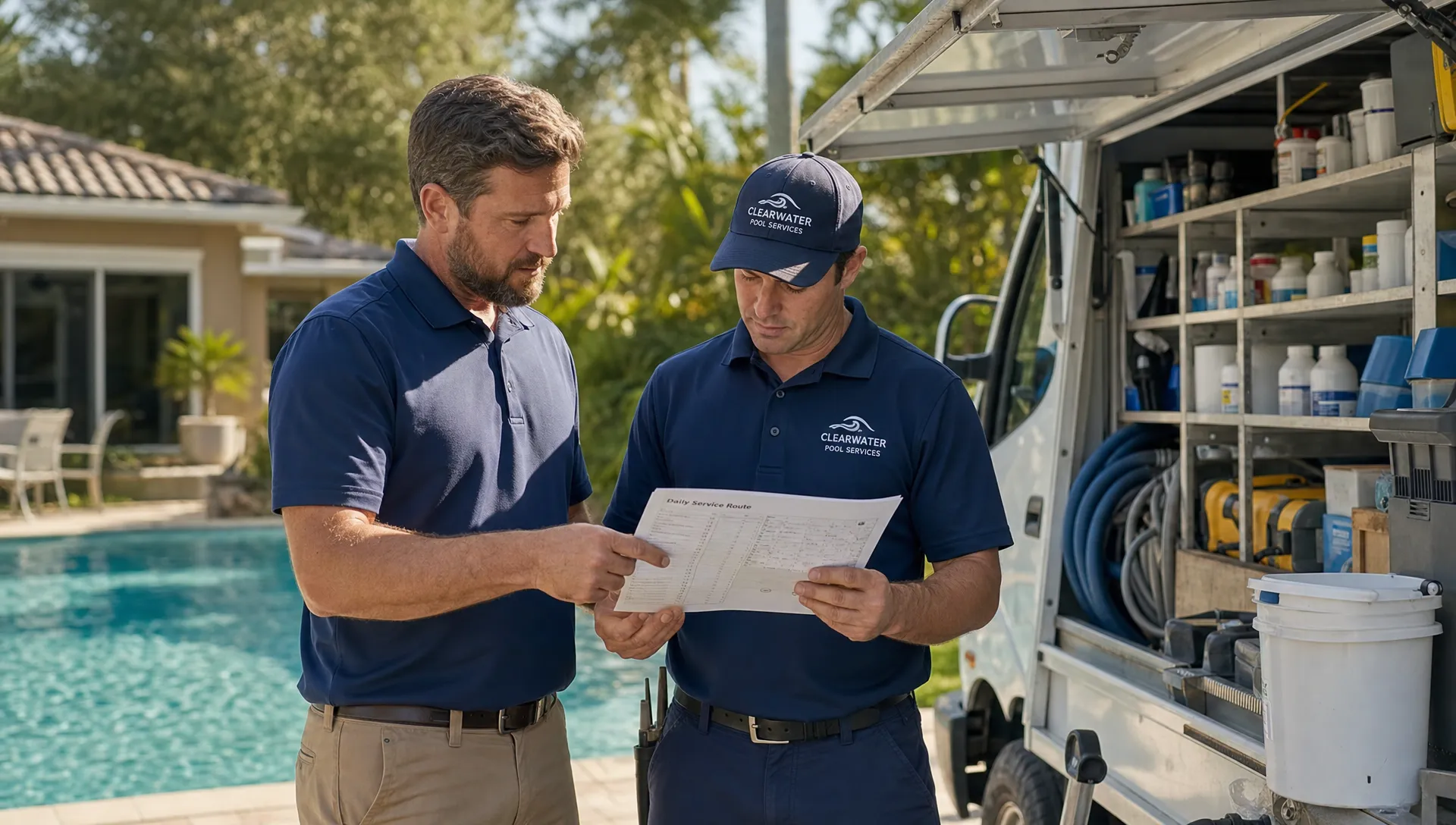 A pool service branch manager and technician review a printed route sheet beside a service truck, with organized equipment and a residential pool nearby.