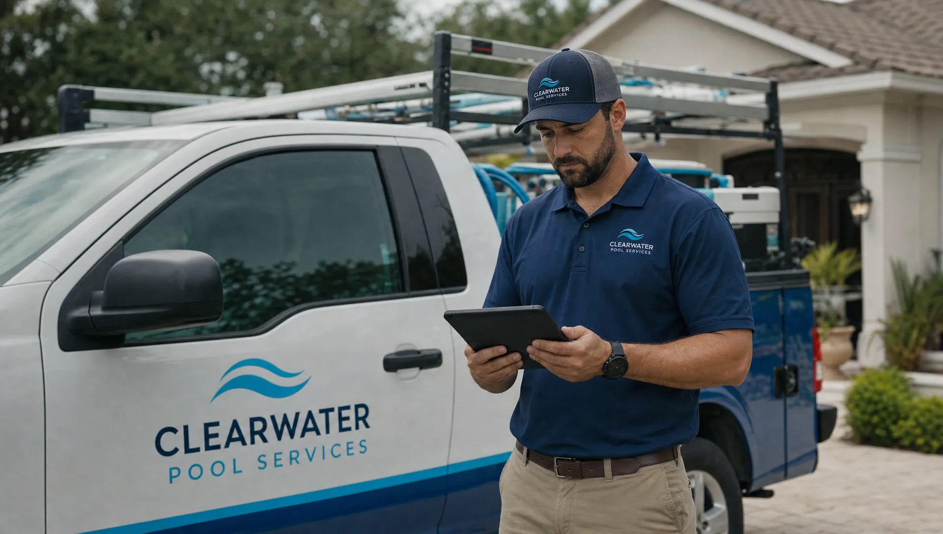 A pool service manager stands near a company truck in a driveway, reviewing completed repair tickets and technician notes on a tablet after a residential service visit.