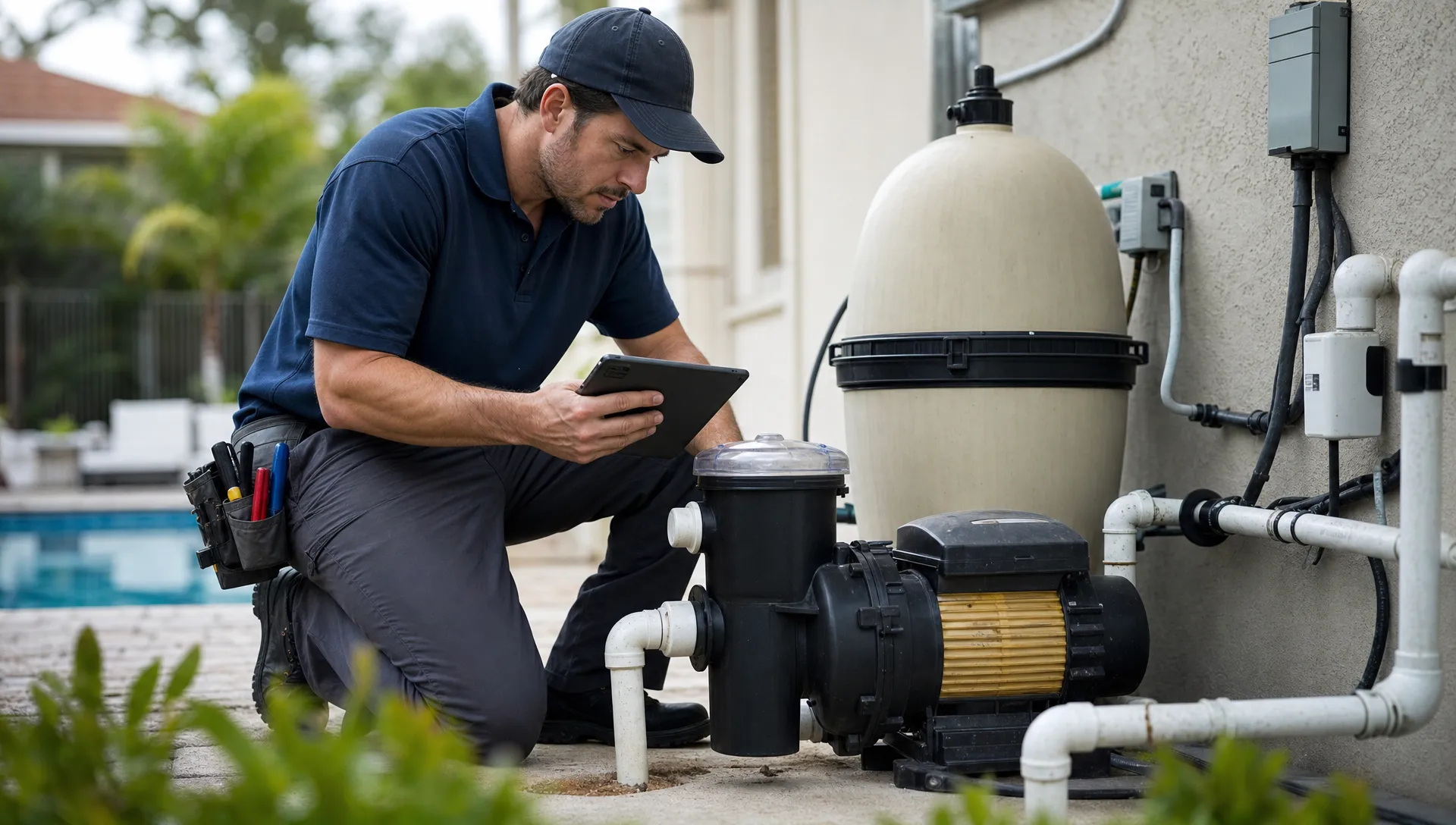 A pool service technician kneels beside a residential pool equipment pad, reviewing a repair request on a tablet while inspecting a pump and filter system.