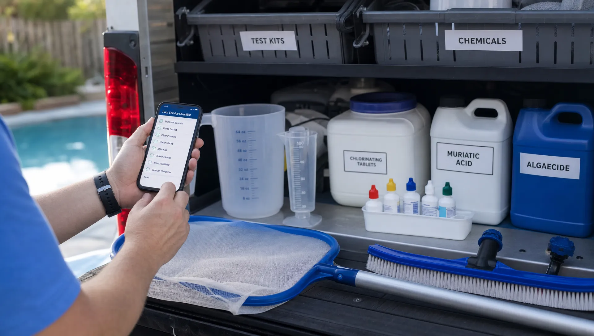 An organized pool service truck setup with labeled testing supplies, chemical measuring tools, skimmer net, brush heads, filter cleaning nozzle, and a phone showing a service checklist on a correctly oriented screen.