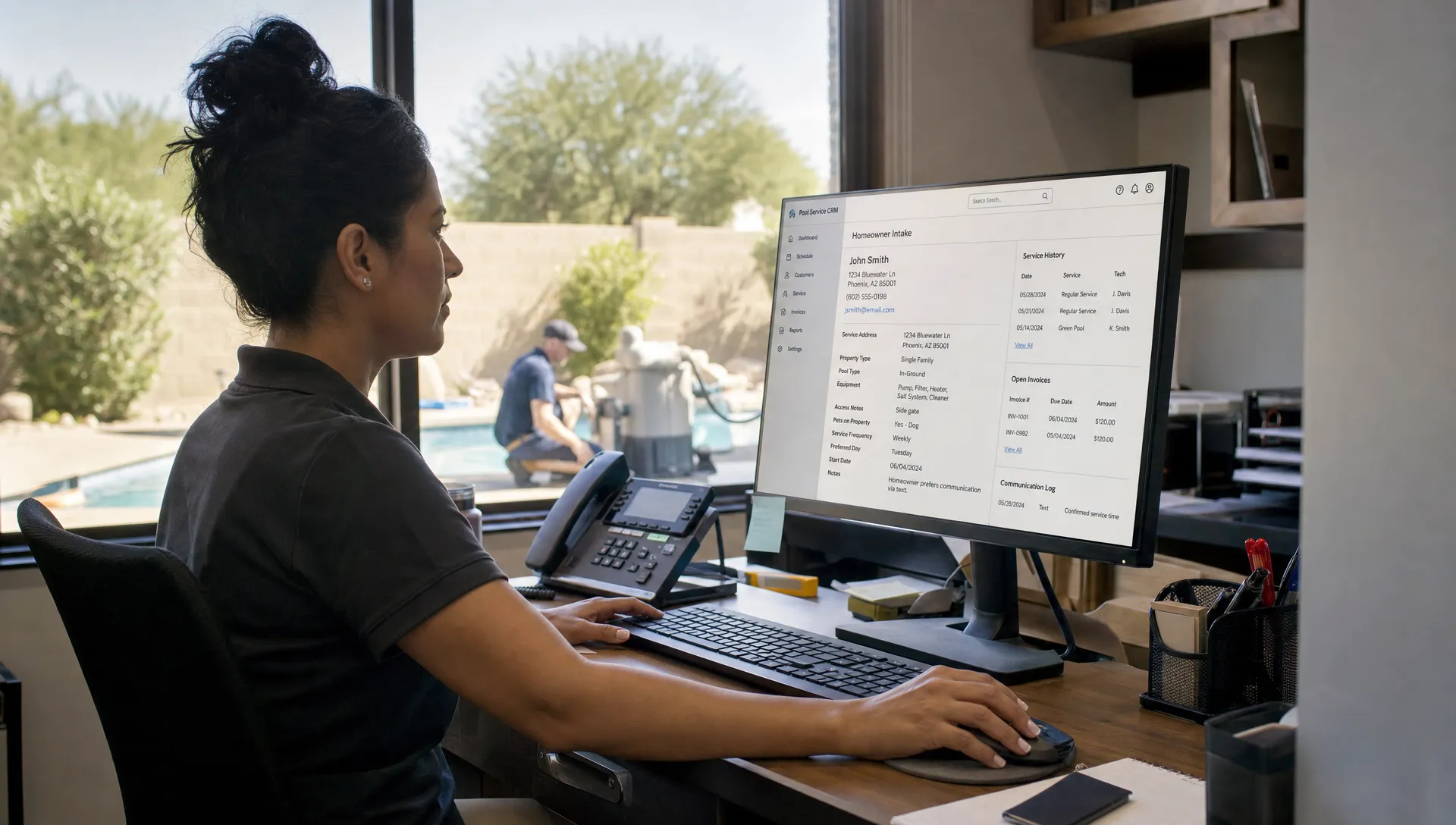 A pool service office coordinator reviews a homeowner intake record on a CRM while a window shows the backyard service area outside.