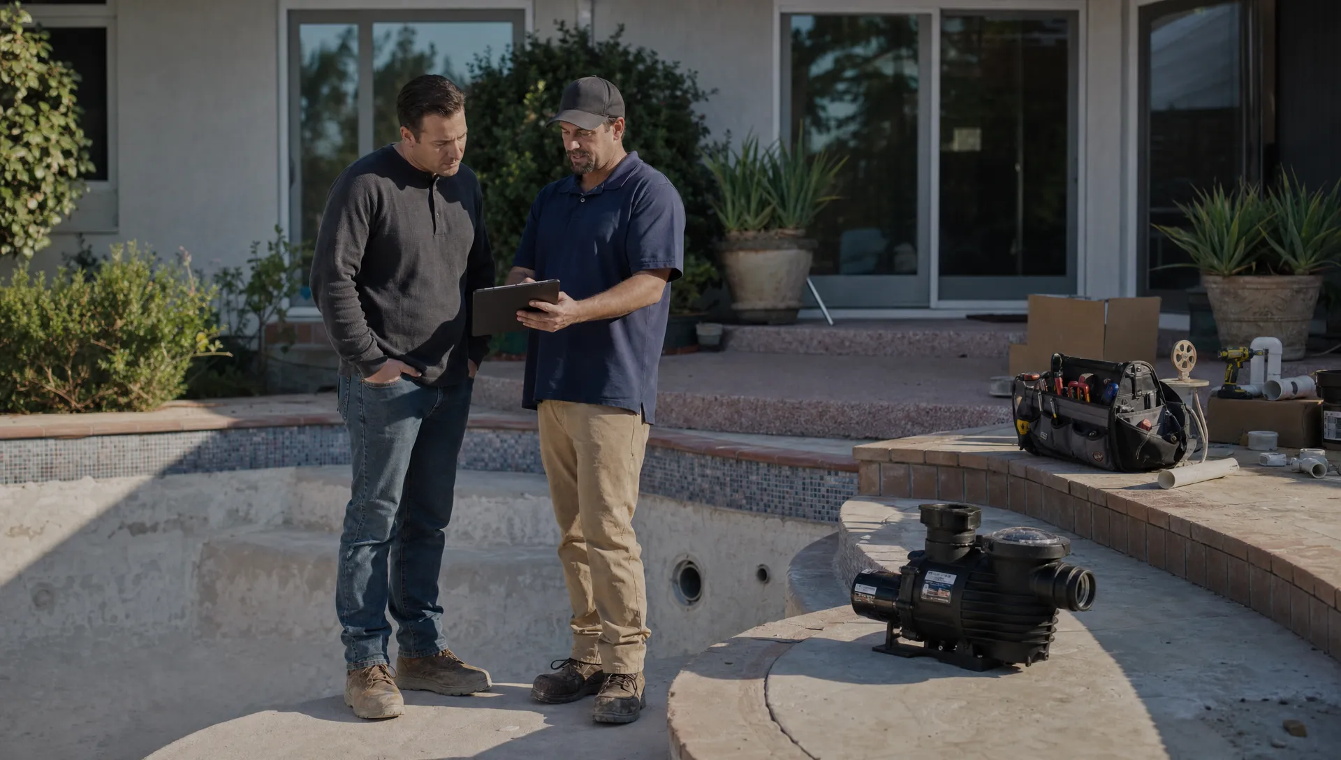 A pool renovation crew member stands beside a drained backyard pool reviewing progress with a homeowner as replacement equipment and tools sit nearby.