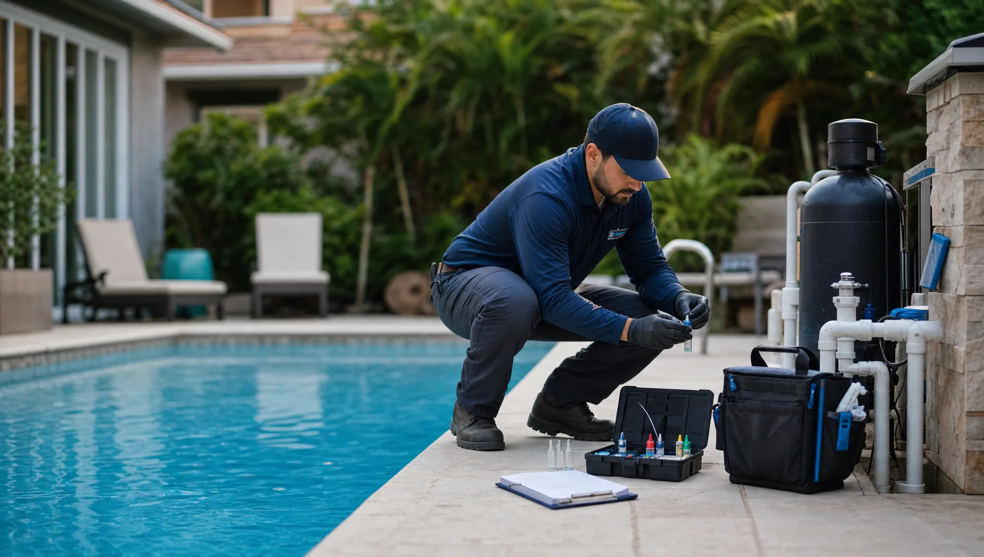 A pool service technician kneels beside a backyard pool with a water testing kit, sample bottles, and a service log near the equipment pad.