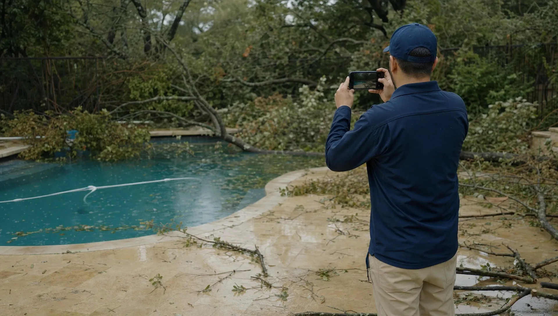 A pool service technician photographs fallen branches and debris beside a residential pool from a dry deck, documenting storm conditions for the office.