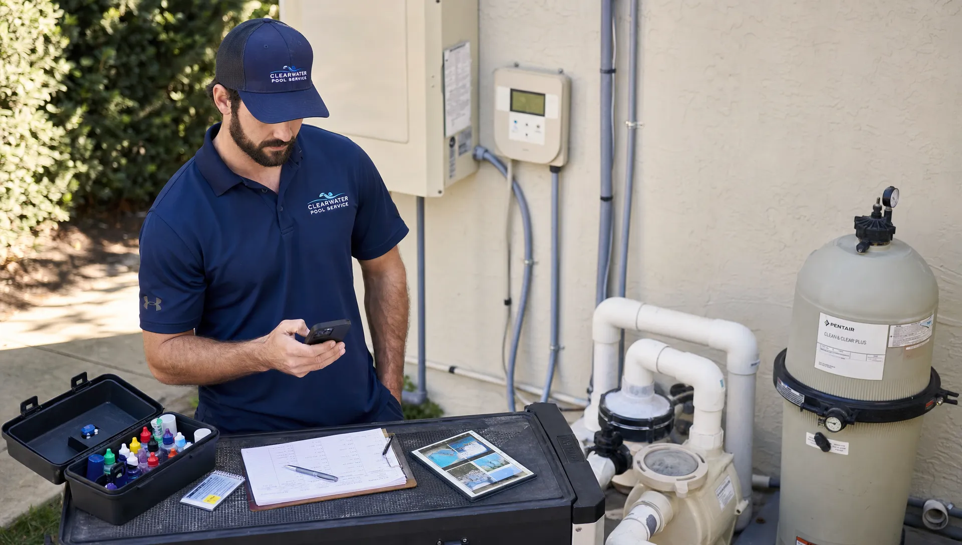 A pool service technician stands beside backyard pool equipment with a phone in hand, while service notes, water test readings, and job photos are organized on a nearby work surface.