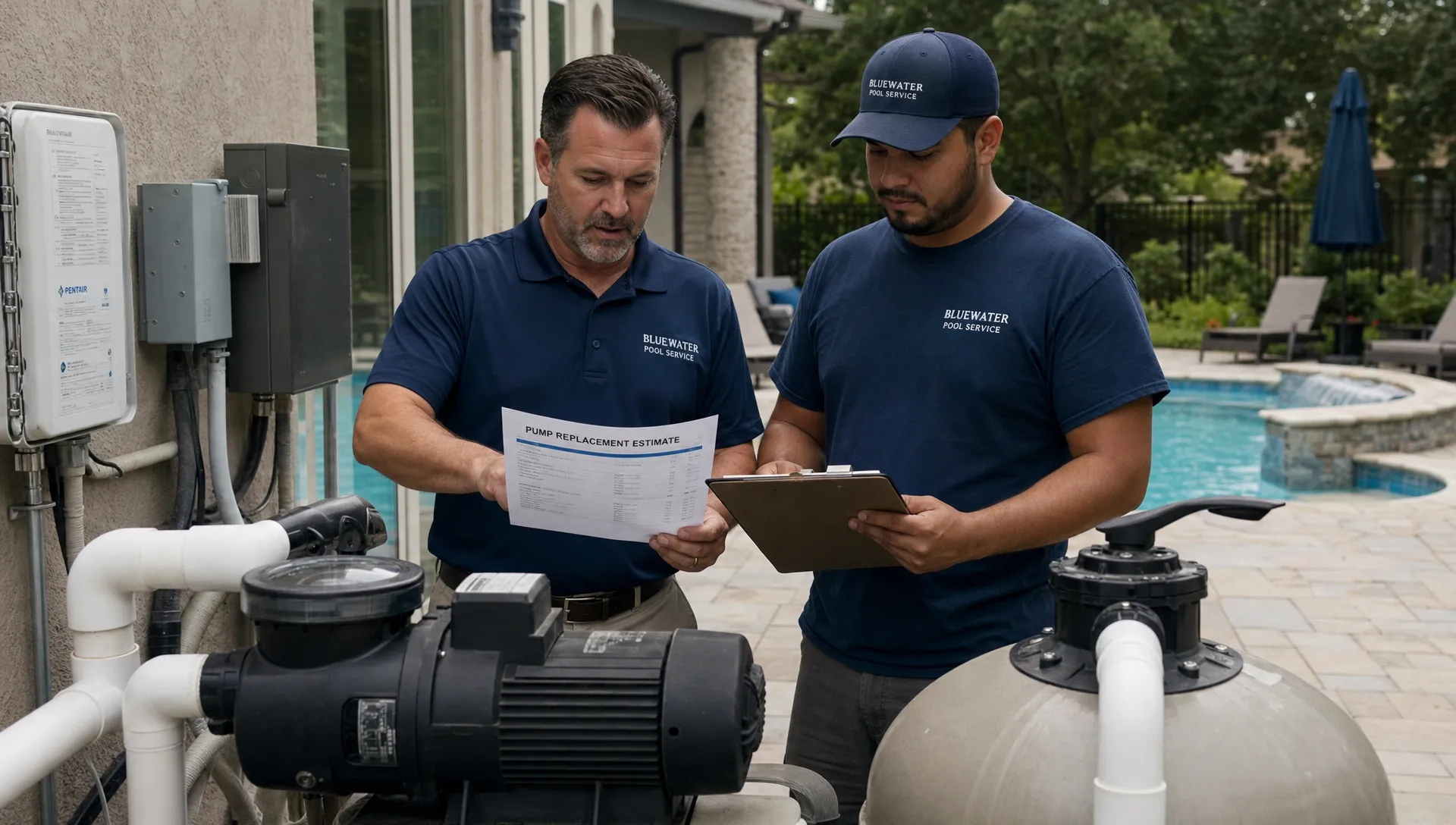 A pool service manager and technician review a pump replacement estimate beside the equipment pad.