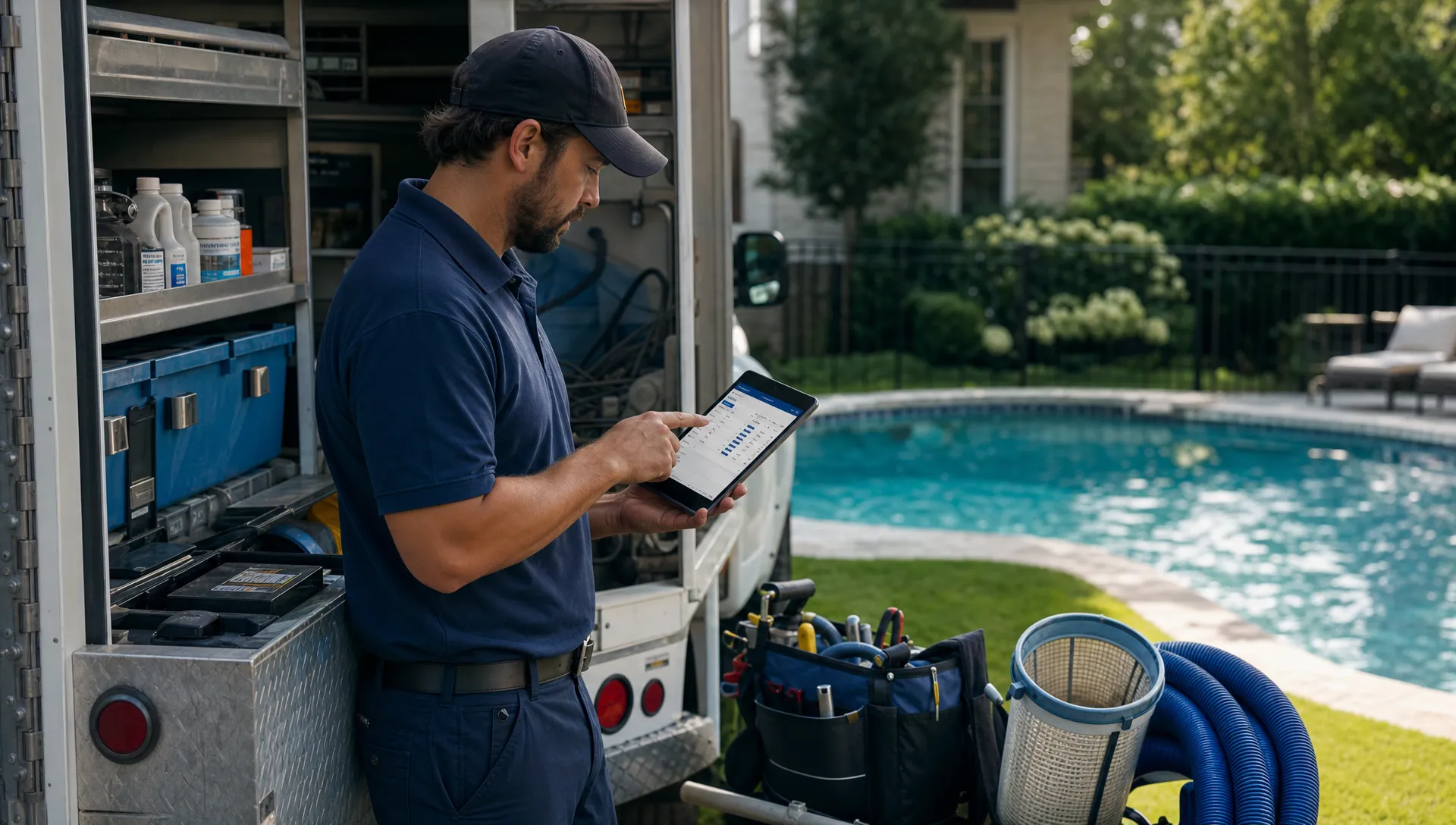 A pool service contractor compares CRM software on a tablet beside a service truck while the backyard pool and organized tools sit nearby.