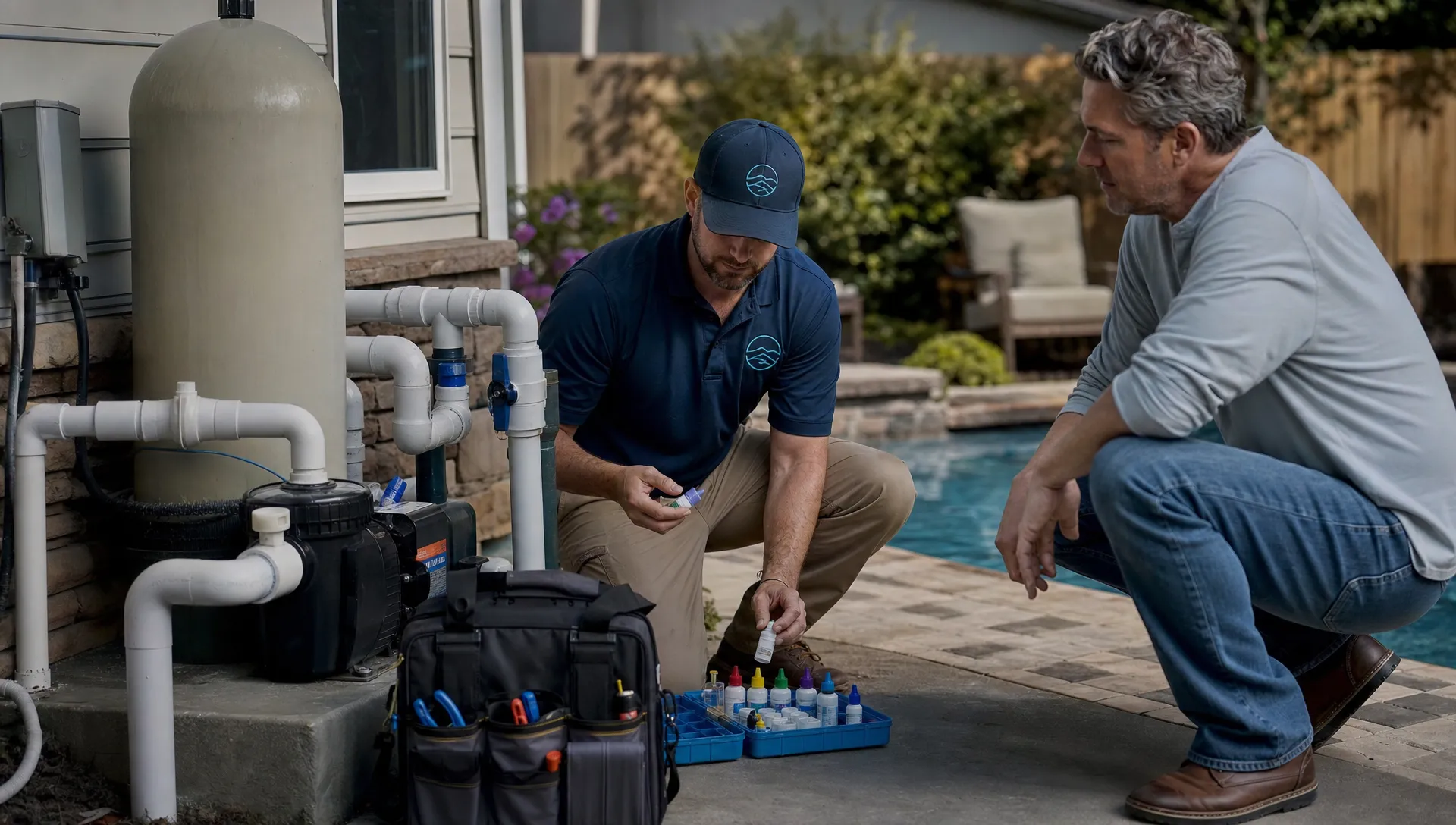 A pool contractor kneels beside a backyard equipment pad with a tool bag and water test kit while a homeowner watches nearby.