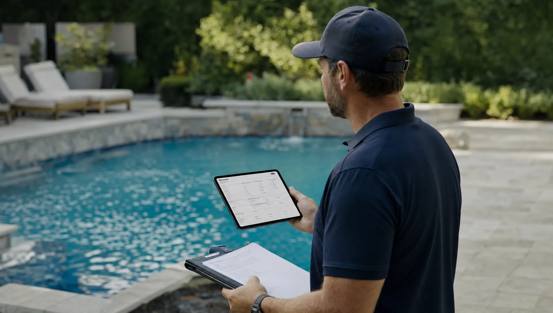 A pool service contractor stands beside a backyard pool with a tablet and service notes, reviewing seasonal customer records before the homeowner books an opening appointment.