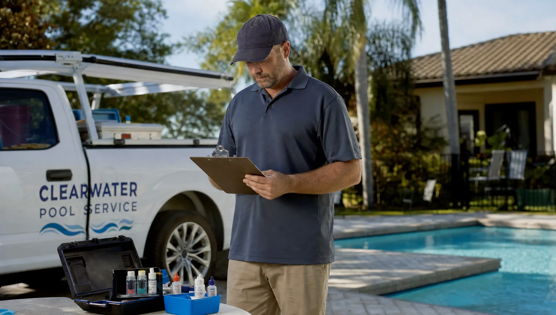 A pool contractor reviews technician notes on a clipboard beside a residential pool, with a service truck nearby and testing supplies on the patio.