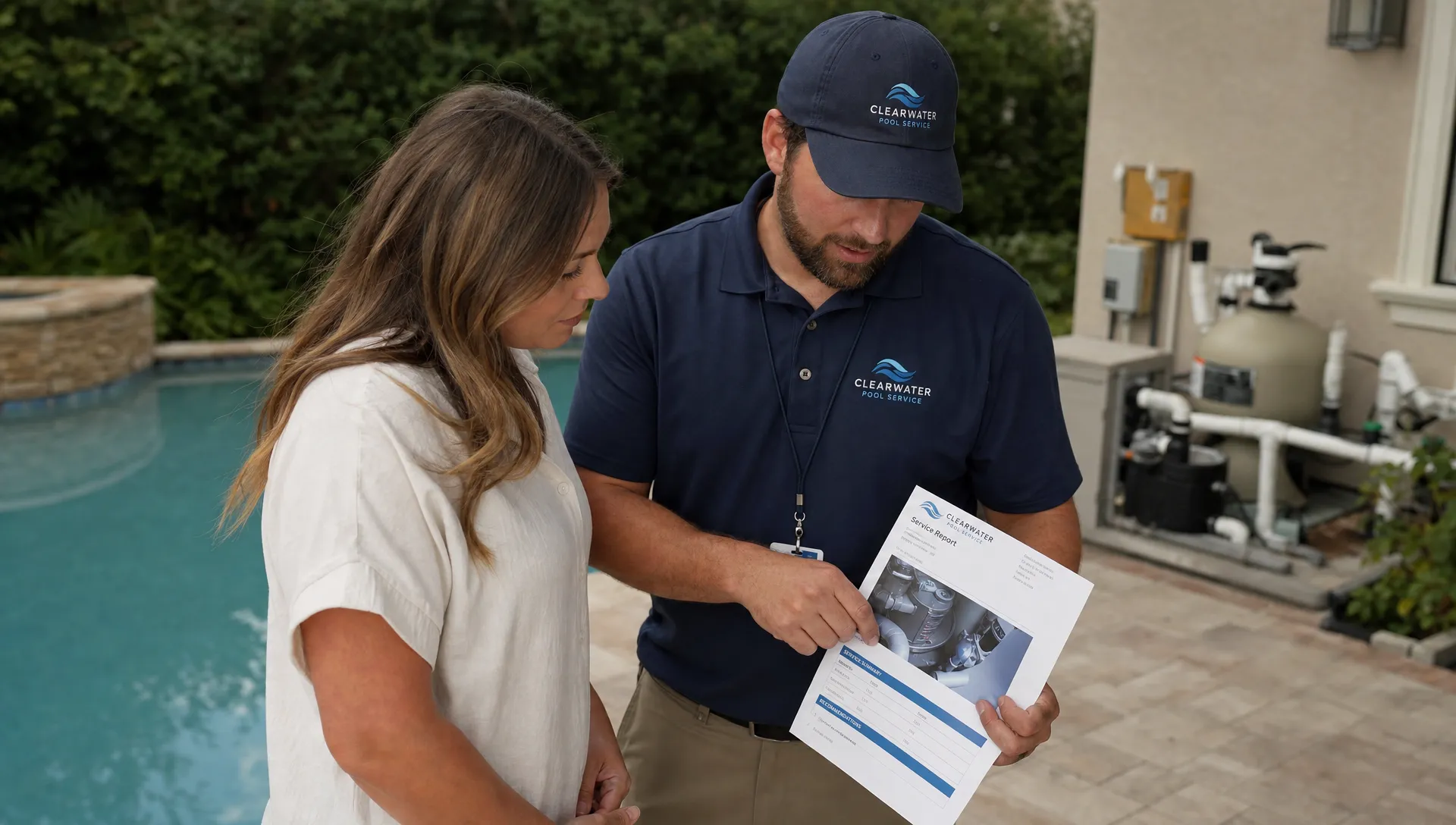 A pool service technician standing beside a residential backyard pool while showing a homeowner a printed service report and equipment photo, with the pool equipment pad and patio visible behind them.
