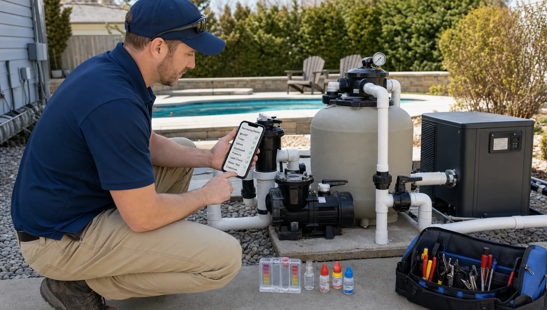 A pool service technician beside an equipment pad during a spring pool opening, holding a mobile checklist while checking the pump, filter, valves, and water test results.