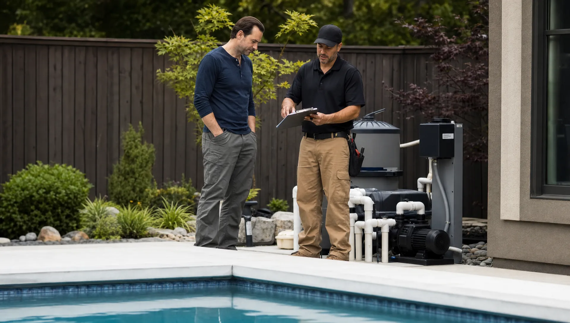 A pool contractor reviews a completed work order beside the pool while a homeowner watches the equipment pad nearby.