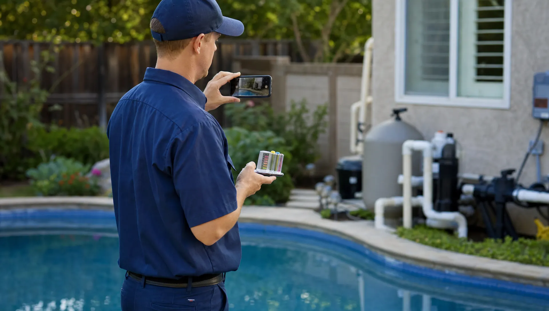 A pool service technician stands beside a backyard pool, holding a test kit while photographing the water and equipment area for the homeowner record.