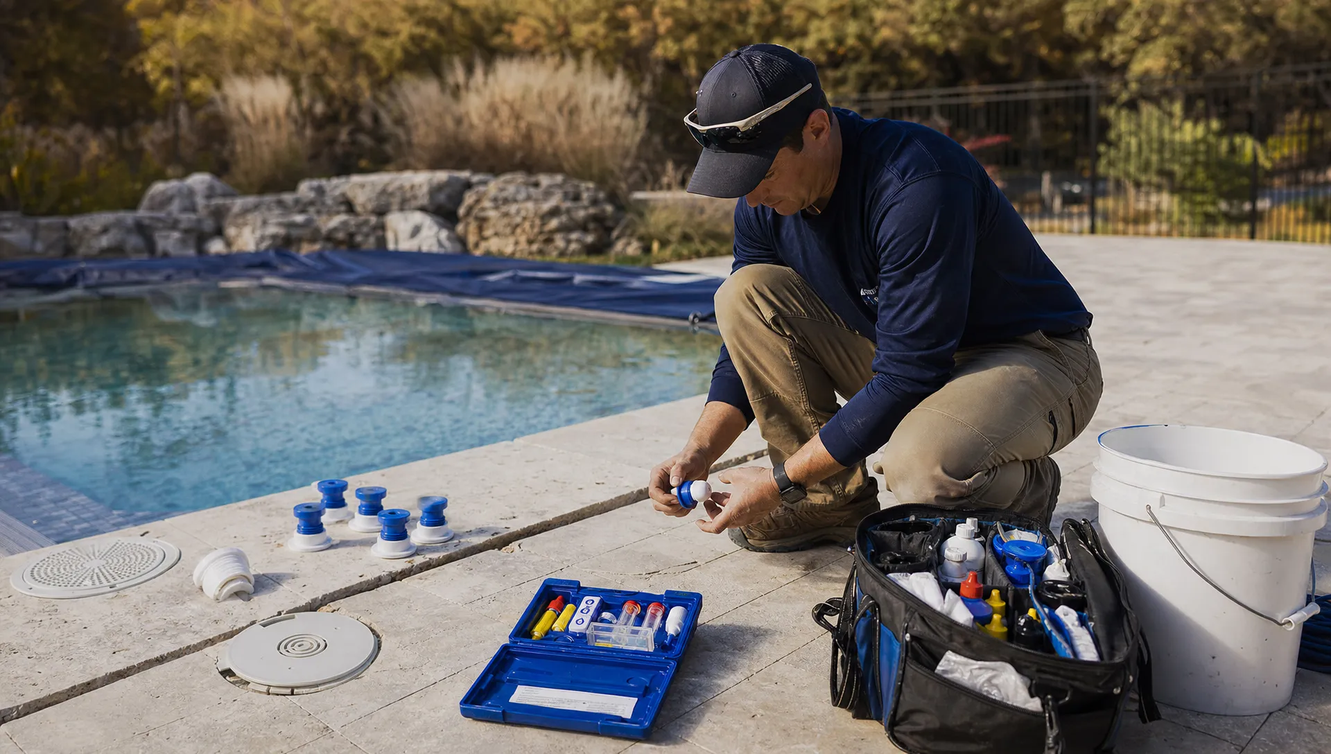 A pool contractor closes a backyard pool with winter plugs, a cover, a test kit, and organized equipment laid out beside the water.