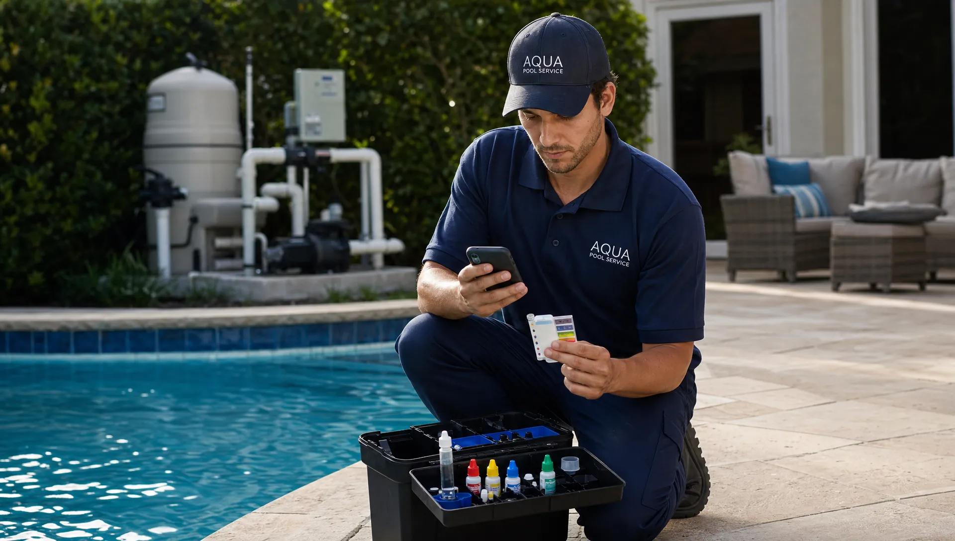 A pool service technician beside a backyard pool, checking a water test kit and recording visit notes on a phone while the equipment pad and patio seating are visible nearby.