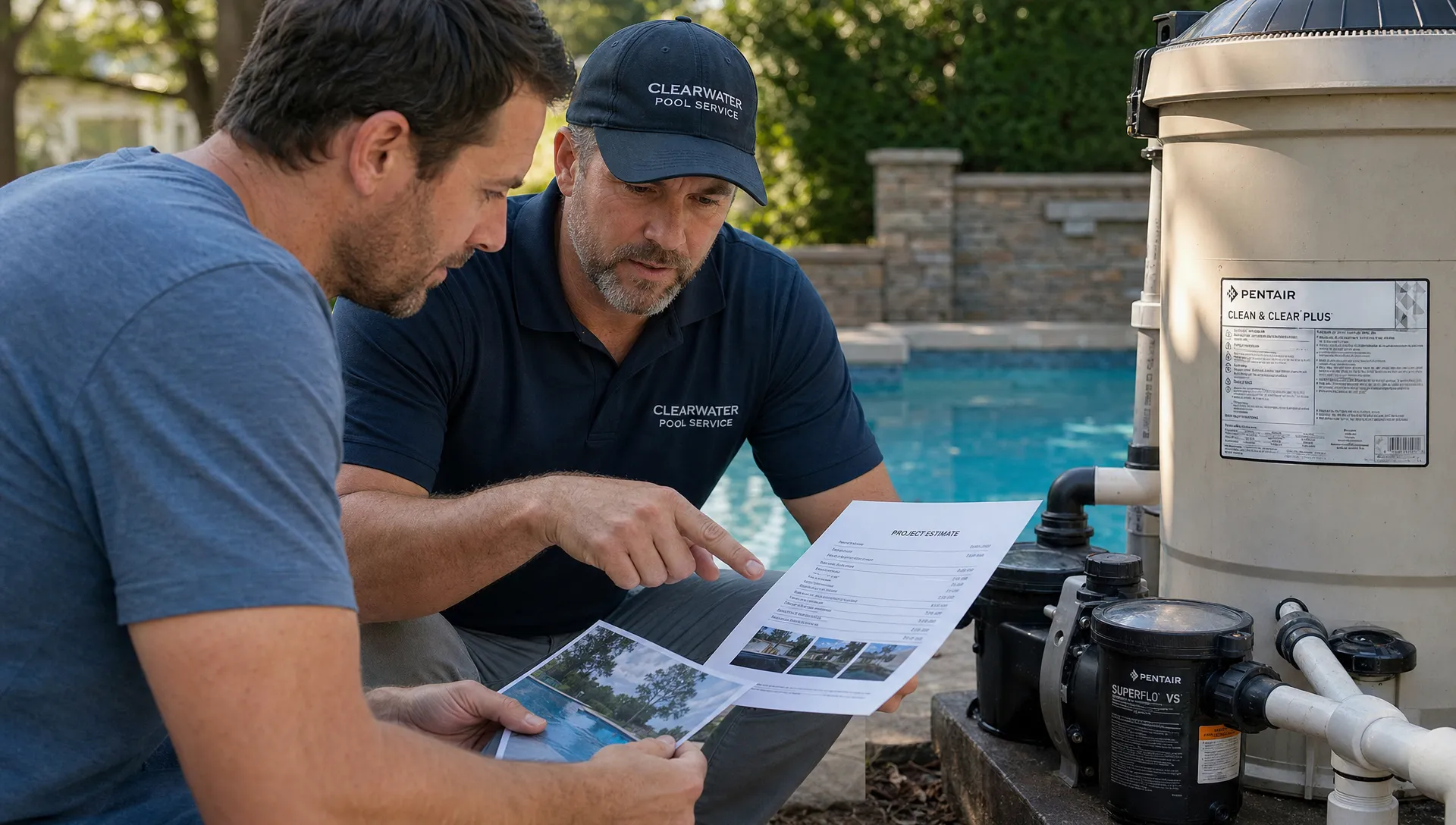 A homeowner and pool contractor review a written estimate, equipment labels and project photos beside a backyard pool.