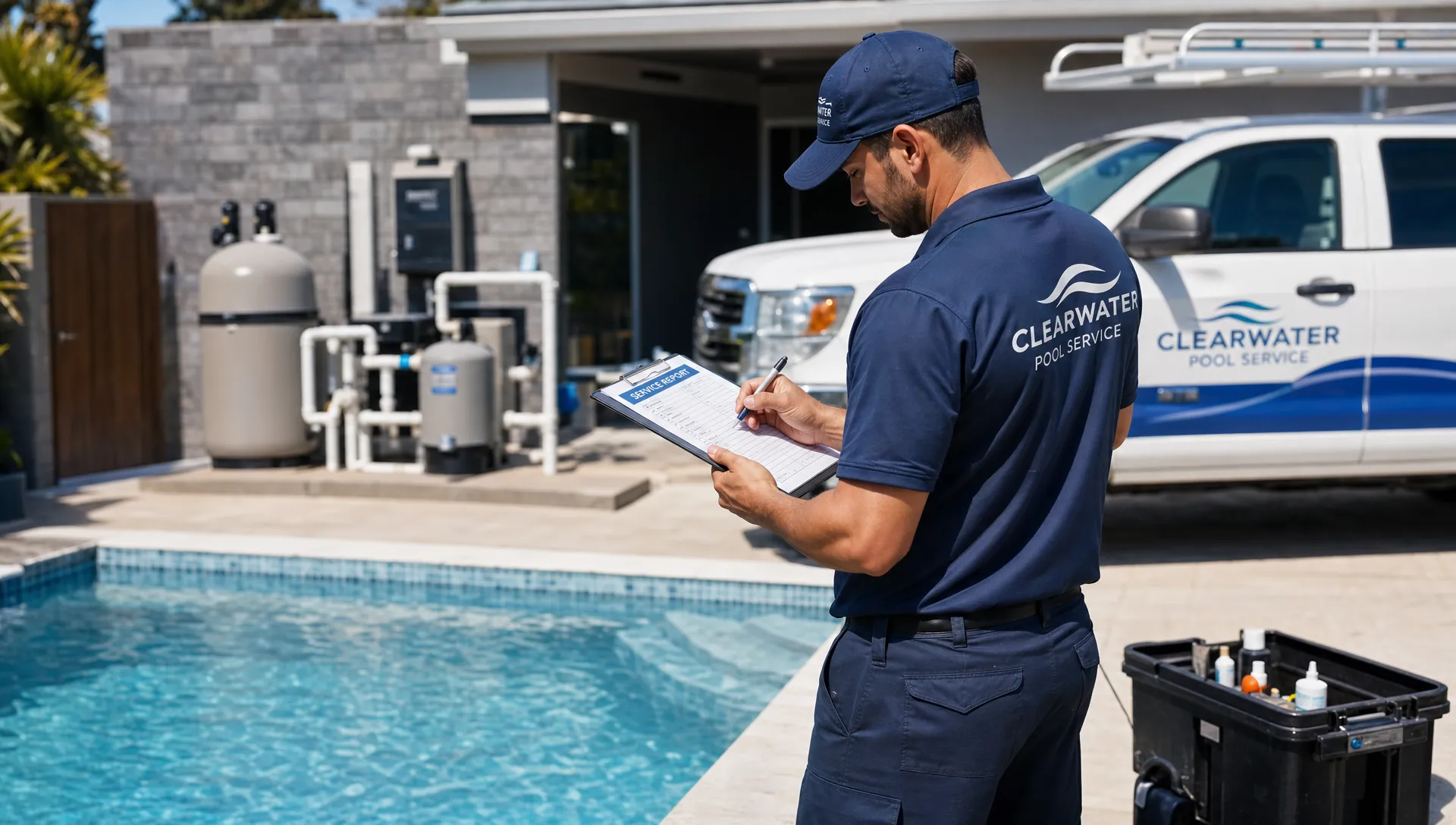A pool service contractor beside a backyard swimming pool, reviewing water test notes and equipment conditions on a clipboard while a service truck is parked nearby, with the pool equipment pad and patio visible in the background.