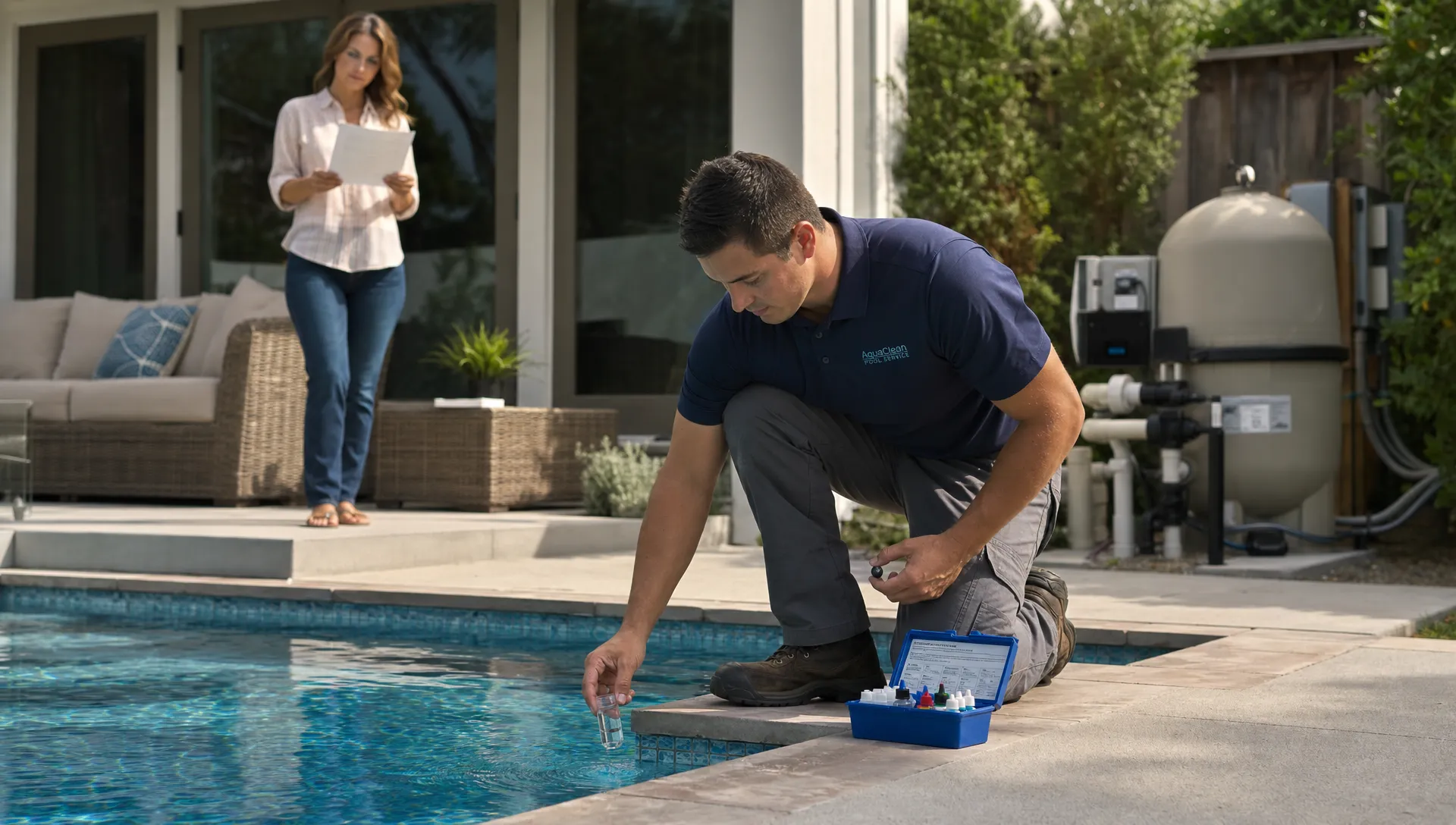 A pool service technician testing water beside a backyard pool while a homeowner reviews the service summary near the patio, with the equipment pad visible in the background.