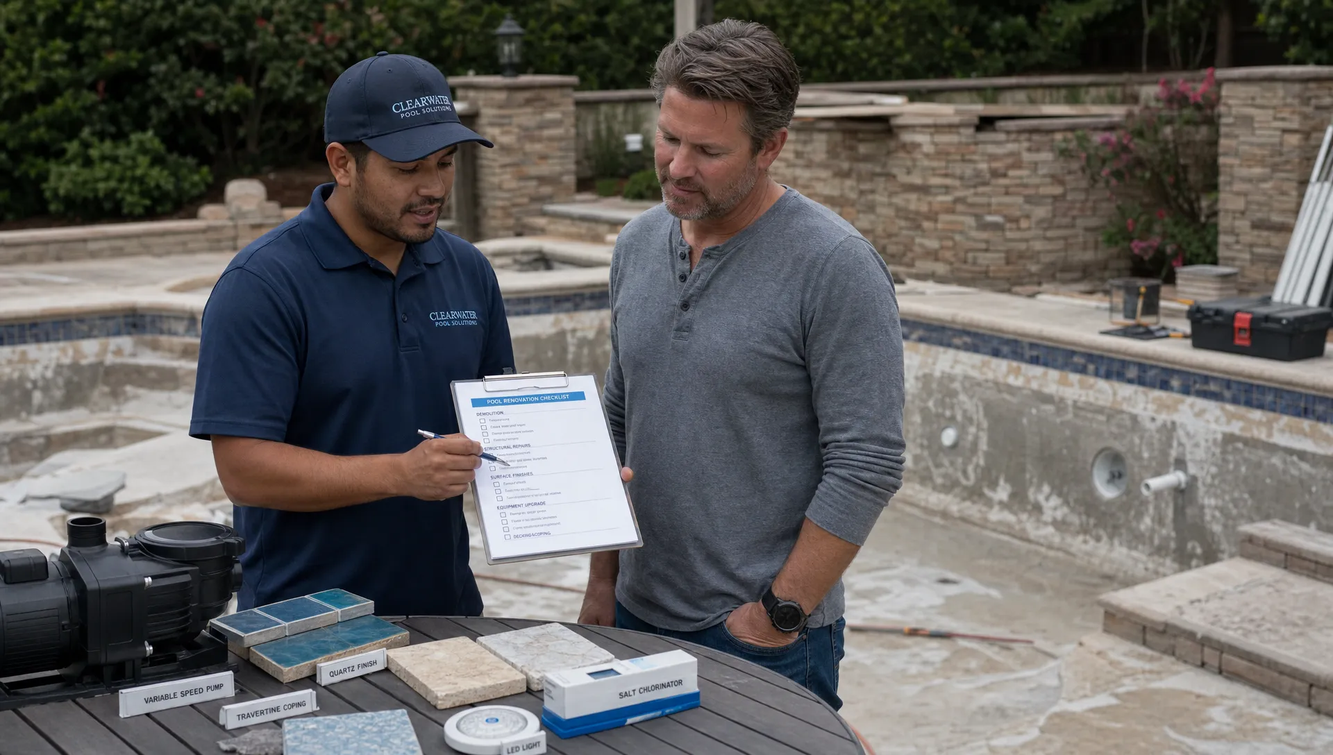 A pool contractor and homeowner review a renovation checklist beside a partially renovated backyard pool, with equipment labels and material samples on a small table.
