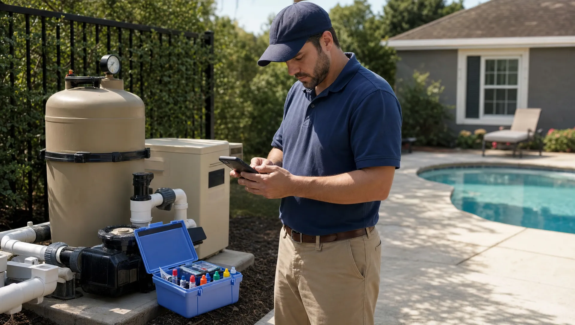 A pool technician enters service notes on a phone beside a residential pool equipment pad with a test kit, pump, filter and backyard pool nearby.