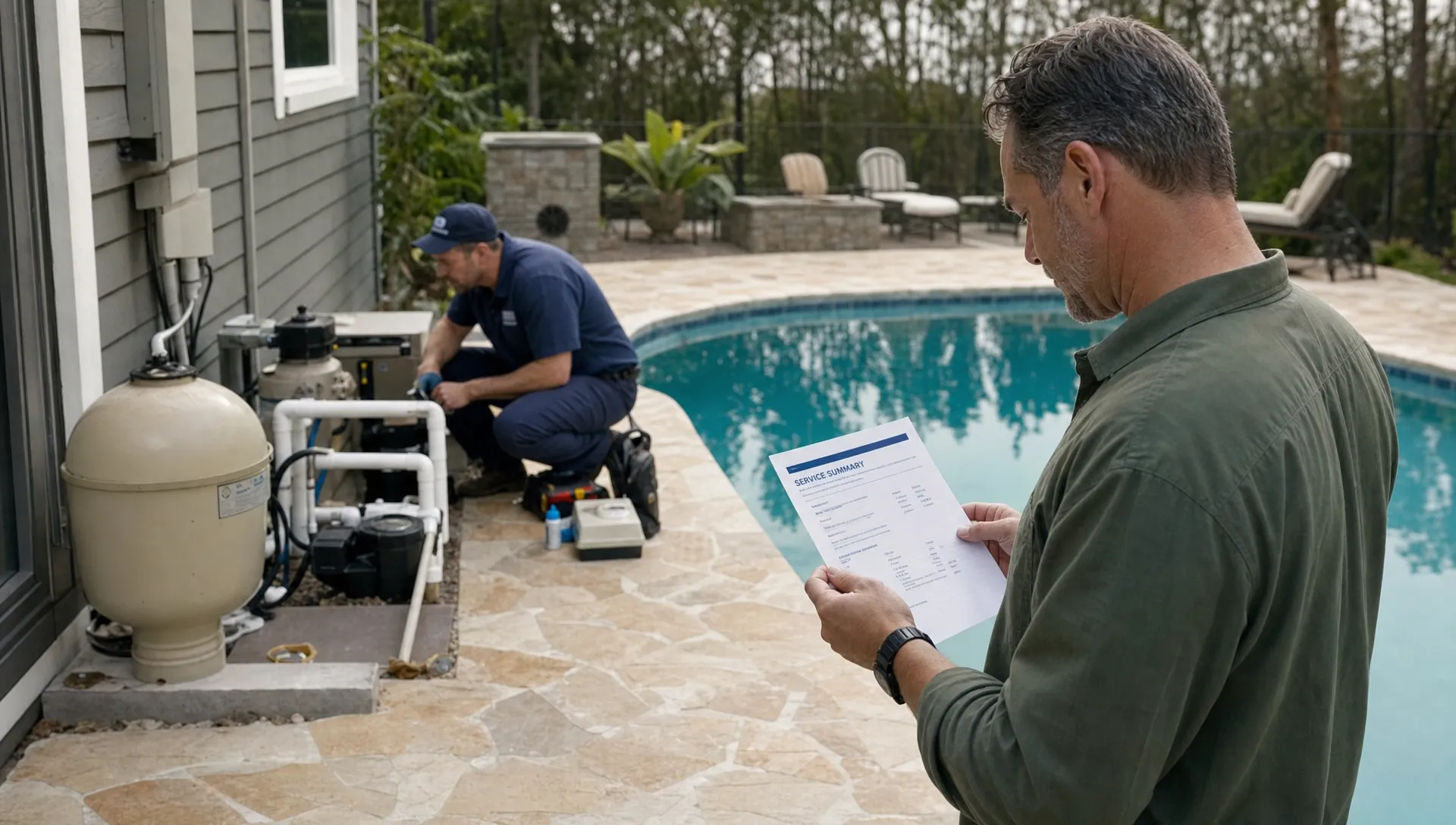 A pool service technician checks equipment at a backyard pool while a homeowner reviews the service summary near the pool deck.