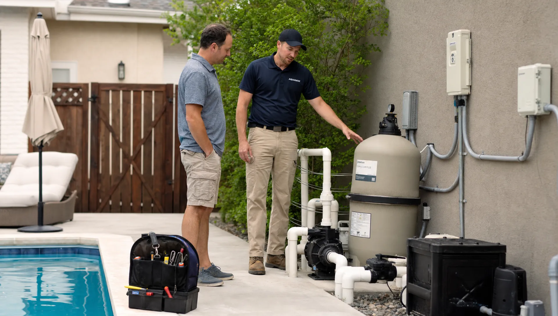 A pool contractor and homeowner discuss the pump and filter during an on-site assessment in the backyard.
