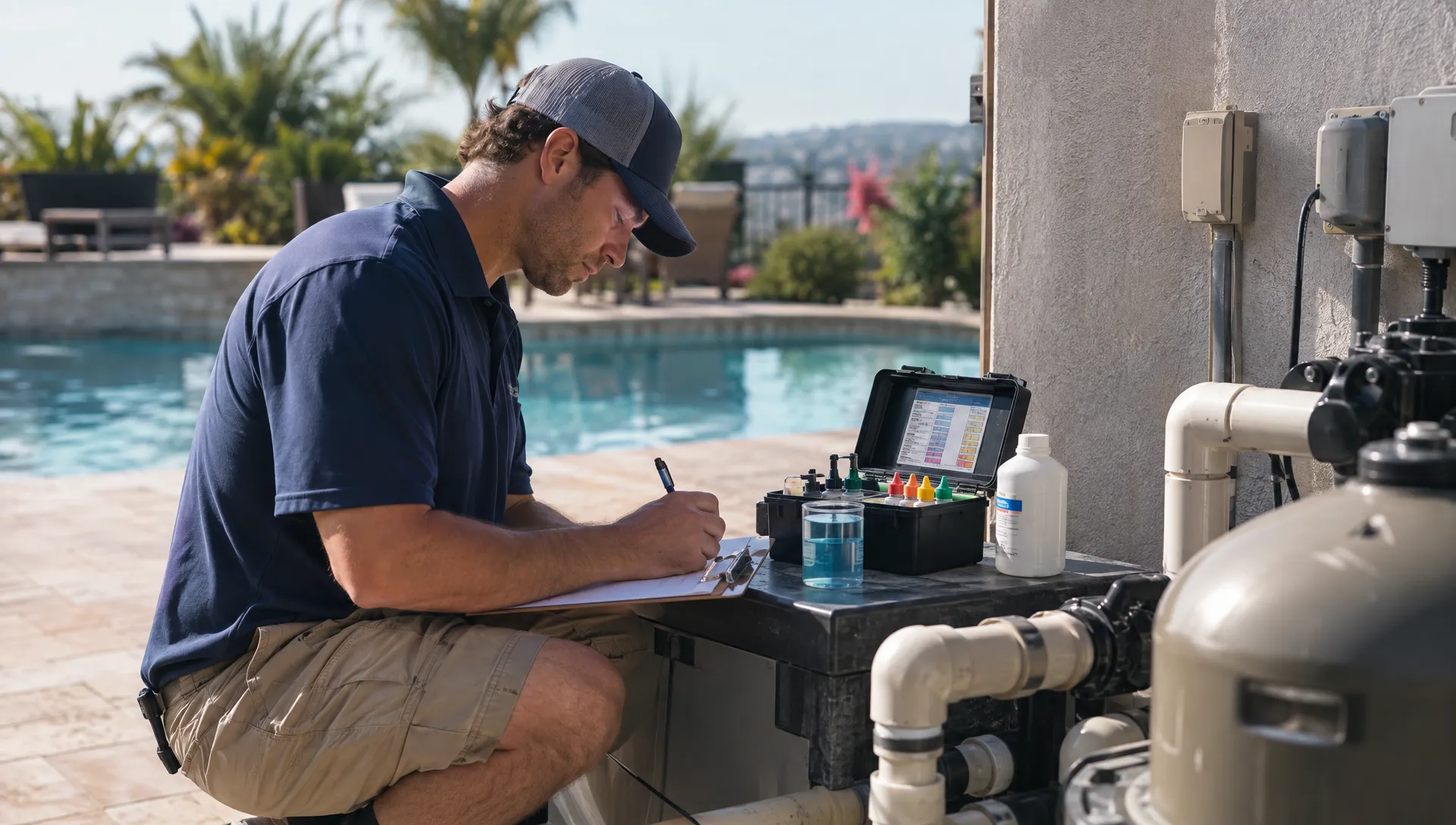 At the residential equipment pad, a pool technician writes down water test results beside a test kit, with the pool and secured chemical containers nearby.