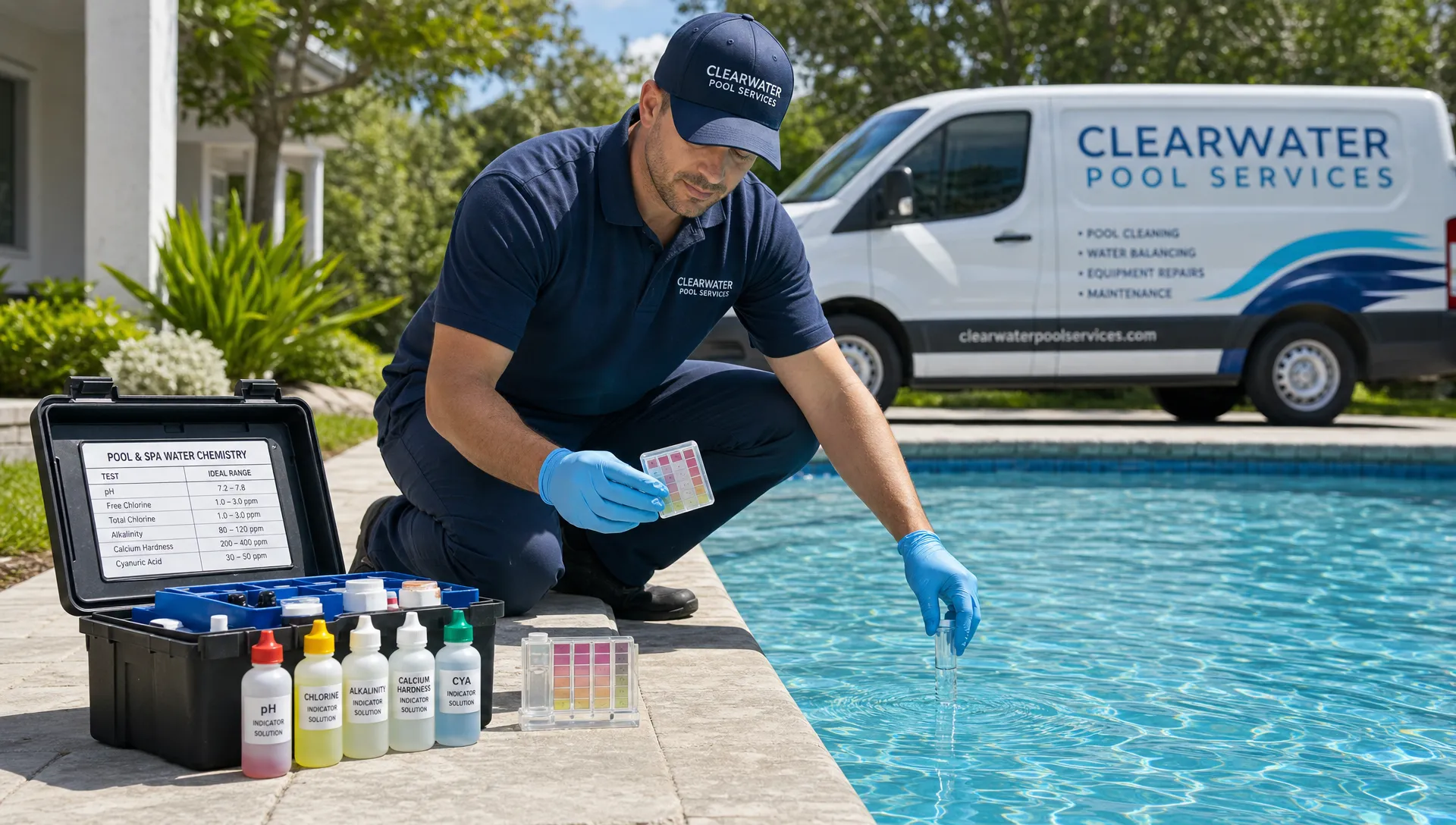 A pool technician testing water beside a clear backyard pool, with organized service tools, labeled sample bottles, and a neatly parked service van nearby to show a structured pool maintenance workflow.