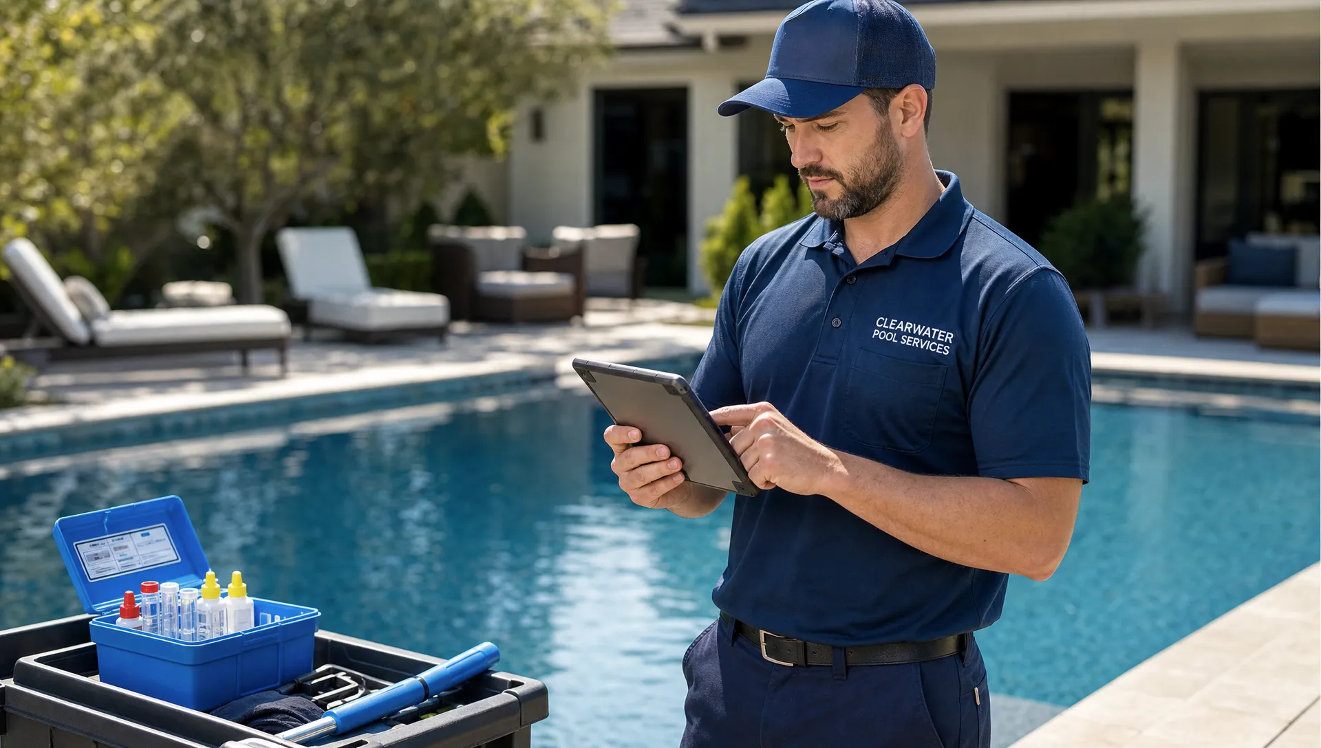 A pool service technician stands beside a clean backyard pool with a testing kit and tools nearby, updating visit notes on a tablet held at chest height while looking toward the screen.