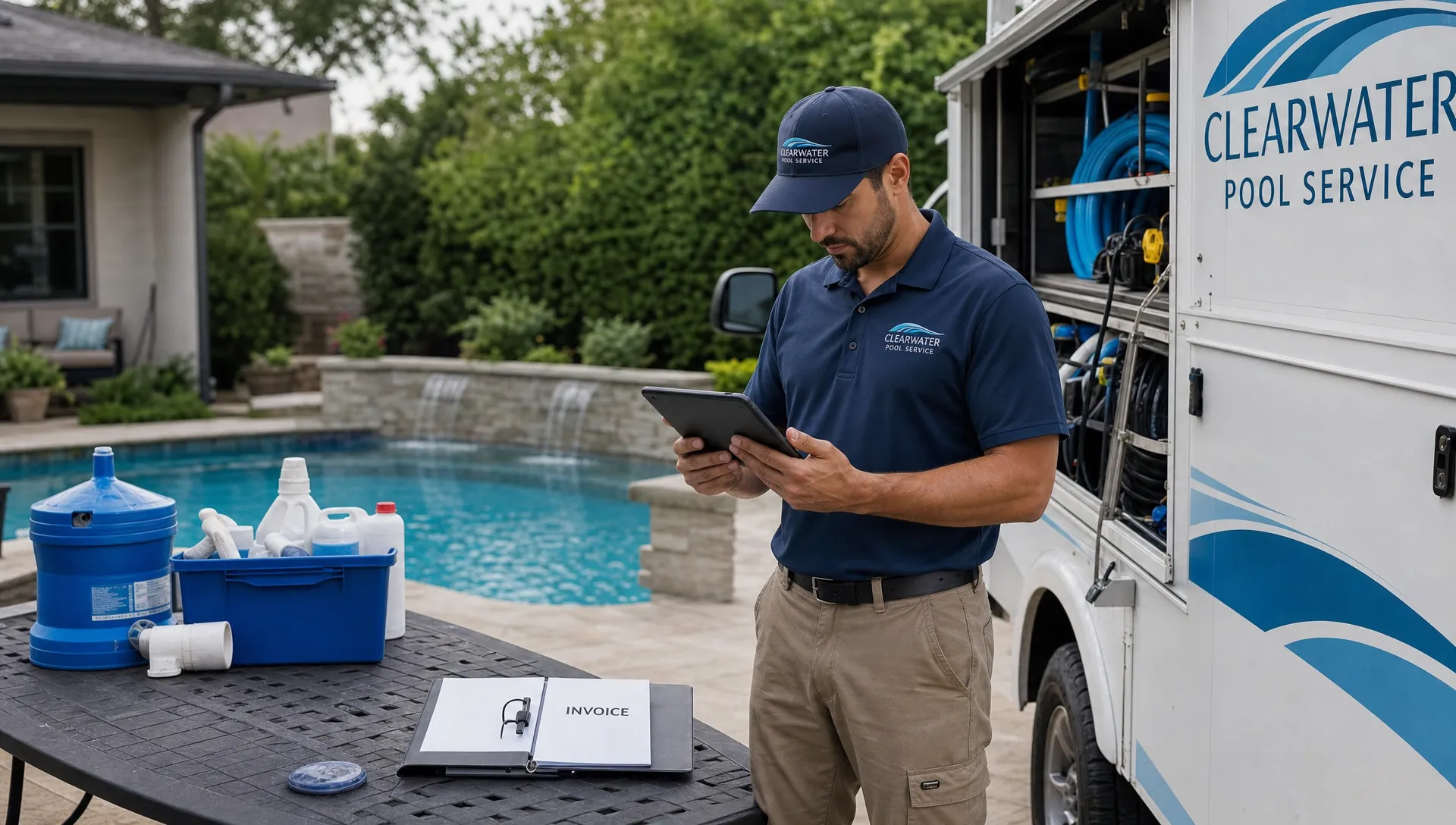 A pool service contractor reviews a tablet beside a service truck, with a backyard pool, organized equipment, and an invoice folder on the table.