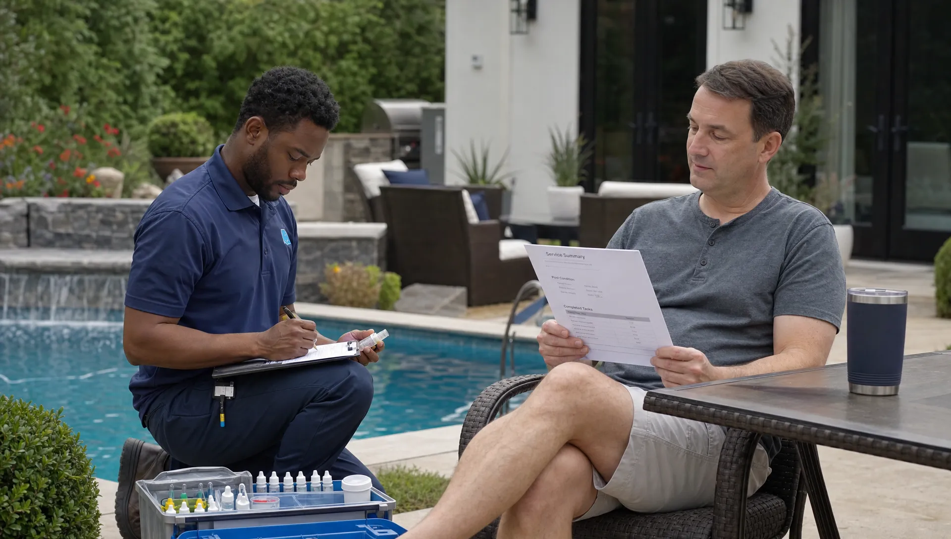 A pool service technician records water test results beside a backyard pool while a homeowner reviews a completed service summary near the patio.