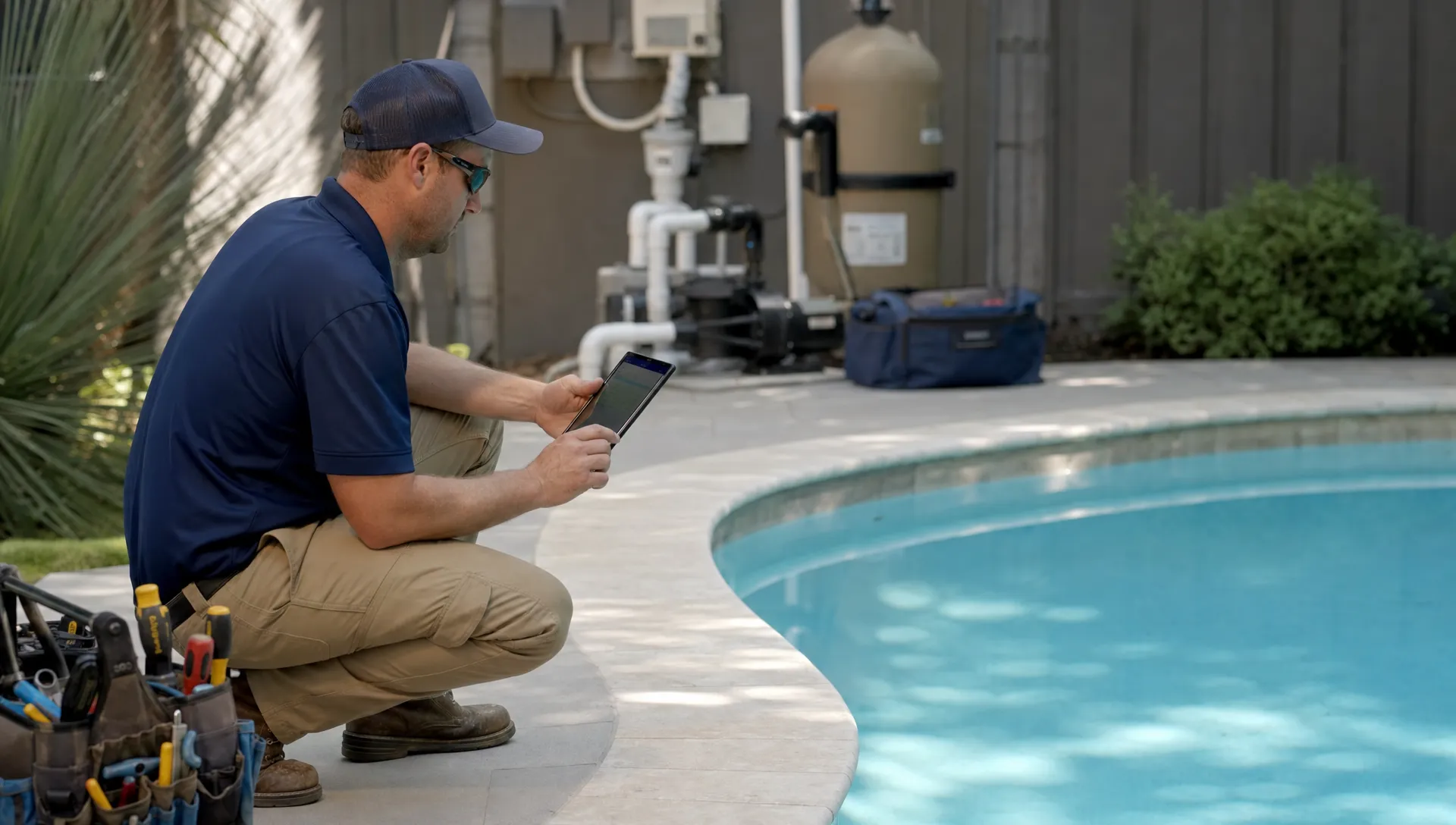 A pool service technician documents a cleaned backyard pool after a maintenance visit, with service tools nearby and the equipment pad visible in the background.