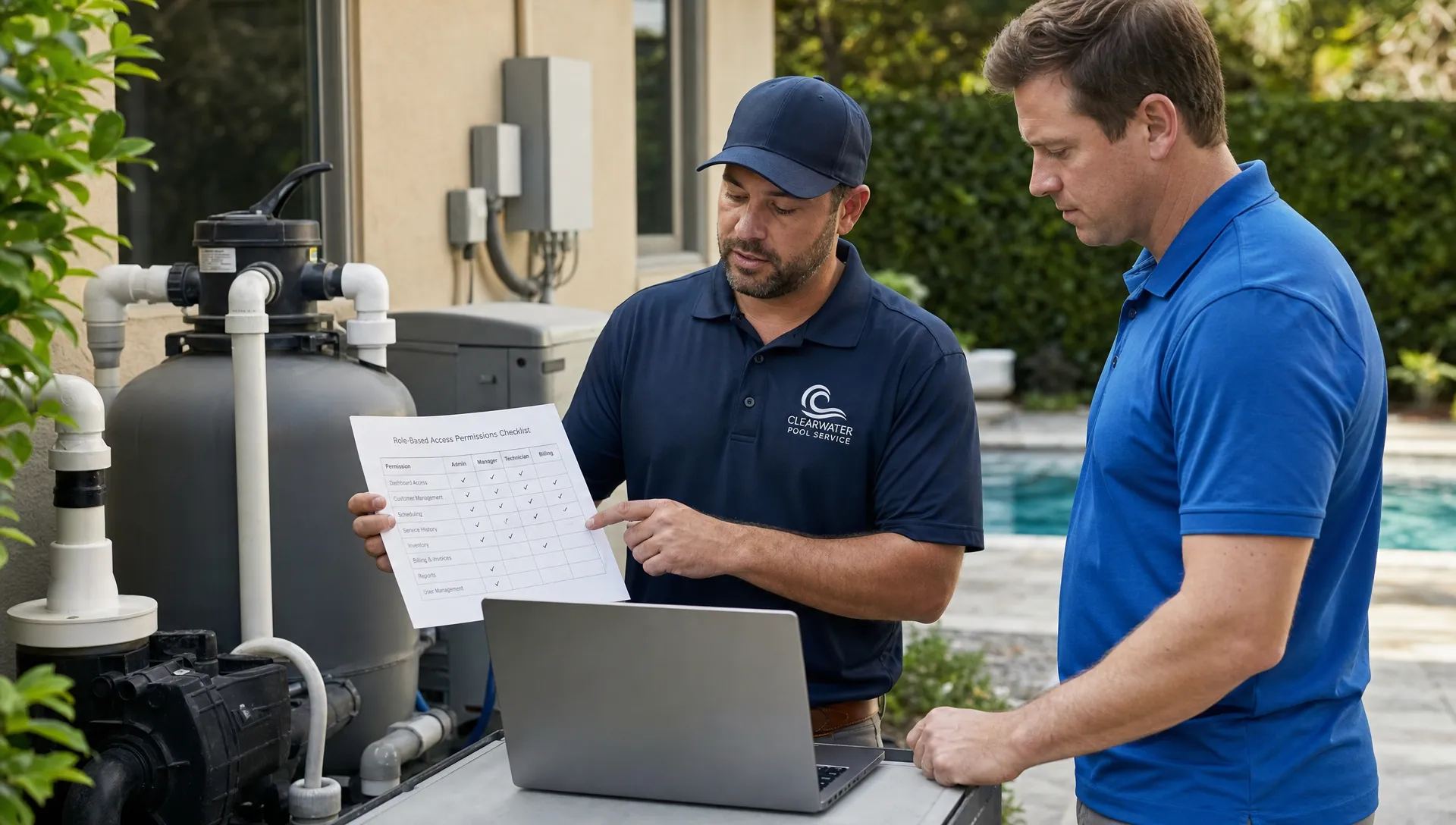 Pool service manager testing an online CRM tool for role-based access, reviewing a printed permissions checklist beside a technician at a residential pool equipment pad.