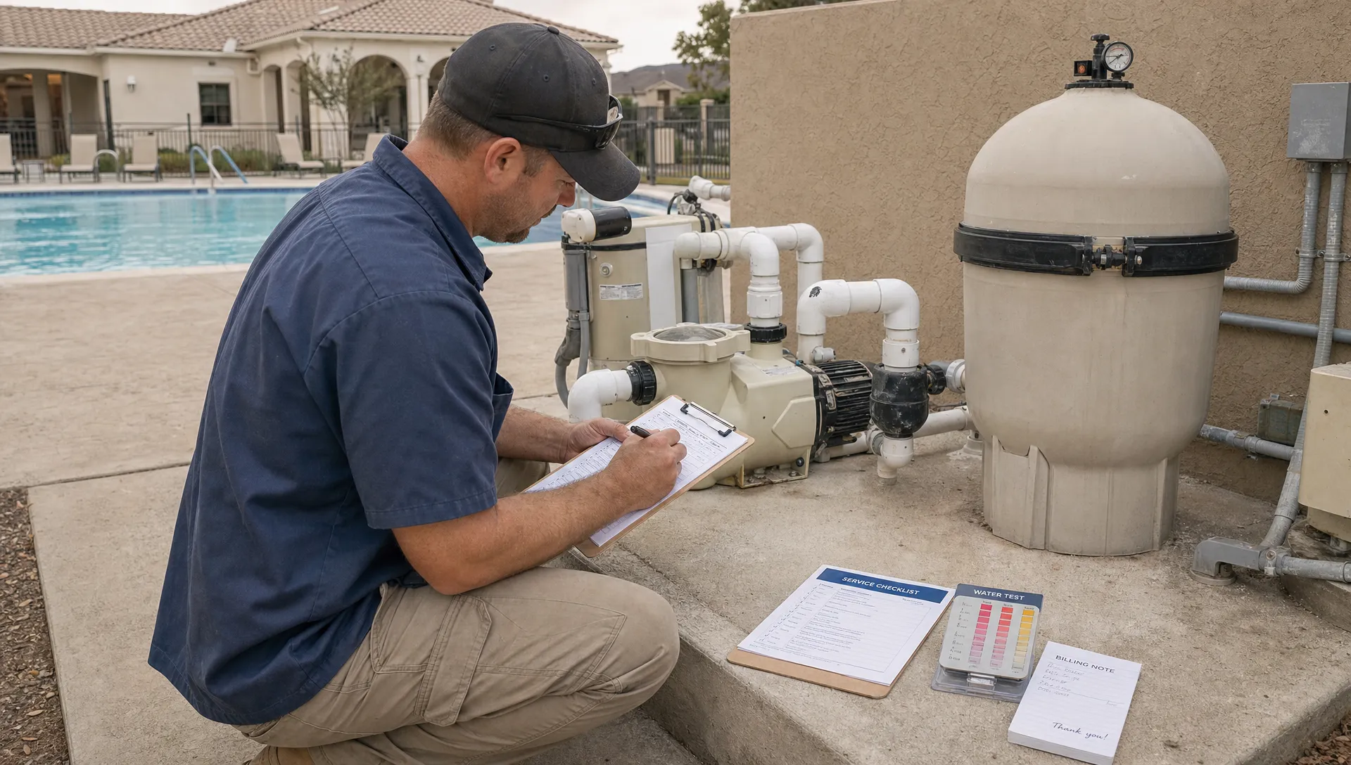 A contractor records HOA pool equipment condition on a clipboard beside the pump and filter.