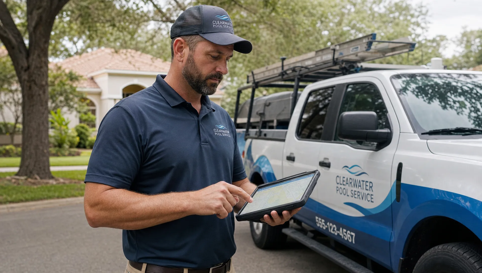 A pool contractor reviews a route map on a tablet beside a parked service truck on a quiet residential street.