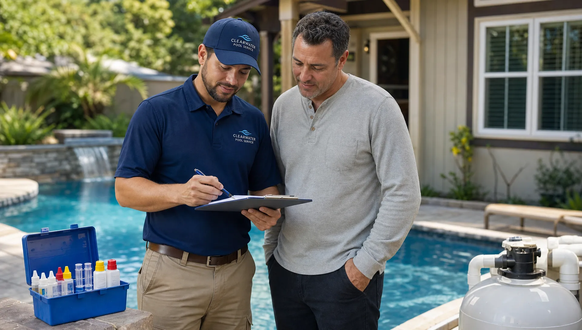 A pool service technician and homeowner stand beside a backyard pool reviewing a completed service summary on a clipboard, with a water testing kit and pool equipment visible nearby.