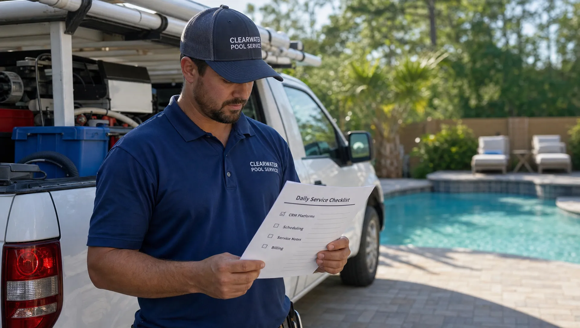 A pool service contractor stands beside a truck at a residential pool, reviewing a printed checklist for CRM platforms, scheduling, service notes, and billing.
