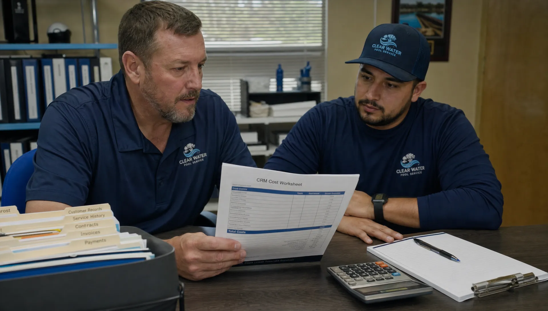 A pool service business owner and field supervisor review a printed CRM cost worksheet beside organized customer files and a calculator.