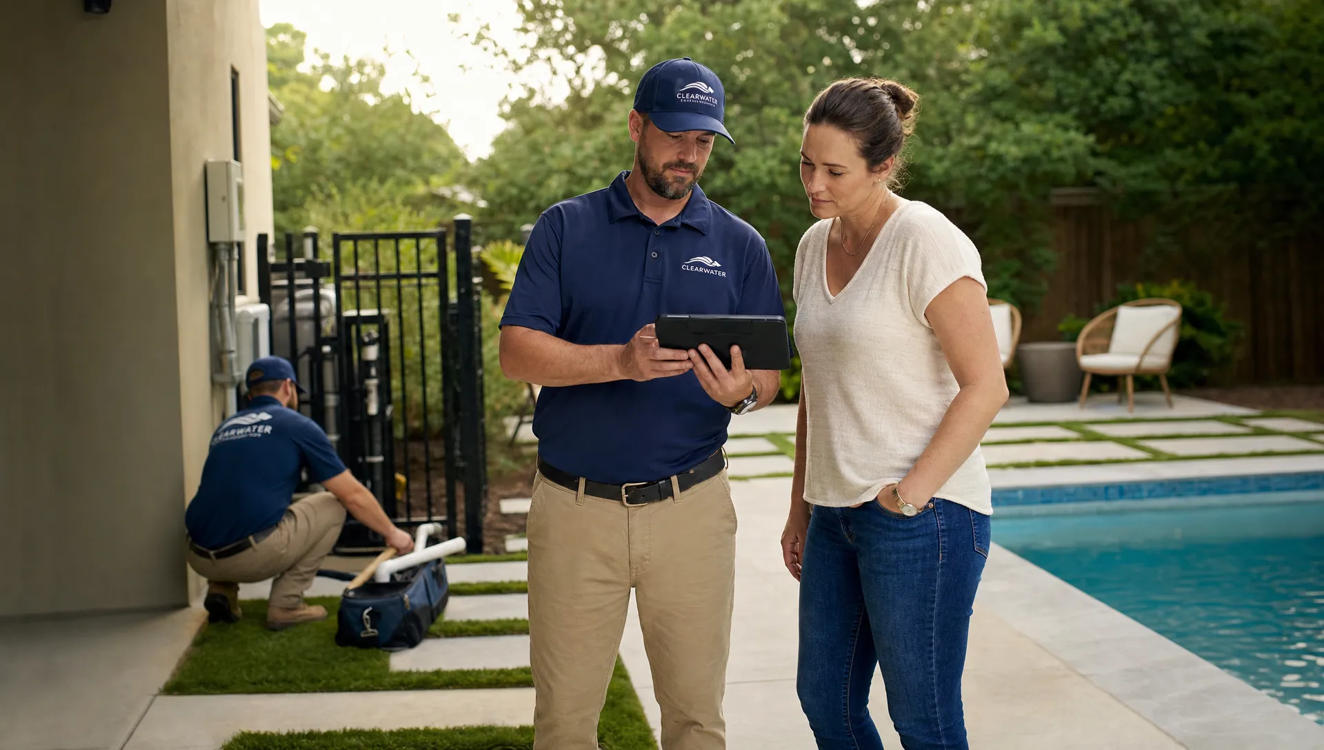 A pool service manager standing near the backyard pool deck, reviewing service notes on a tablet with a homeowner while a technician prepares equipment by the gate.